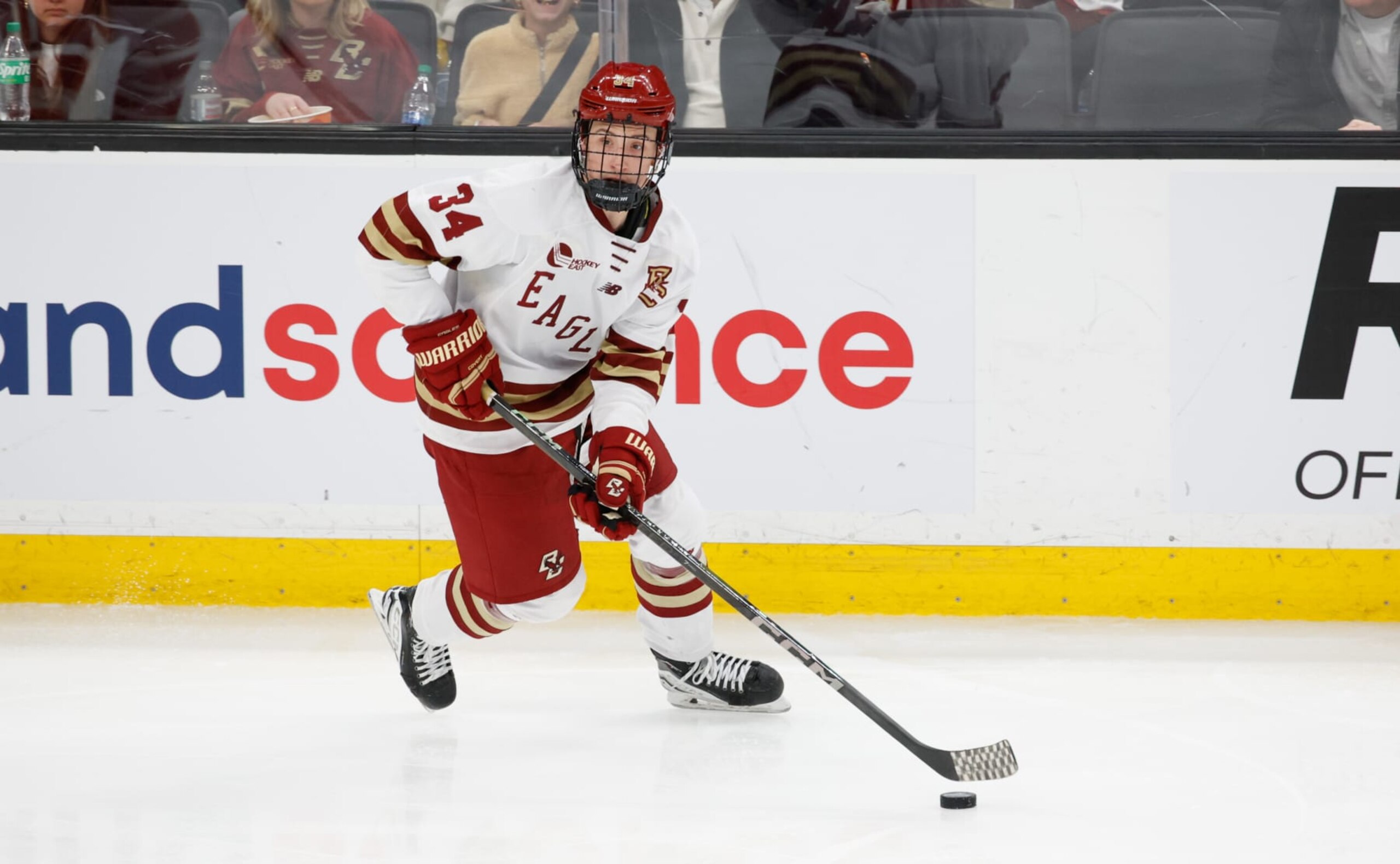 BOSTON, MASSACHUSETTS - MARCH 23: Gabe Perreault #34 of the Boston College Eagles skates against the Boston University Terriers during the first period during the Hockey East Championship final at TD Garden on March 23, 2024 in Boston, Massachusetts. The Eagles won 6-2 and captured their first Hockey East title in twelve years. (Photo by Richard T Gagnon/Getty Images)