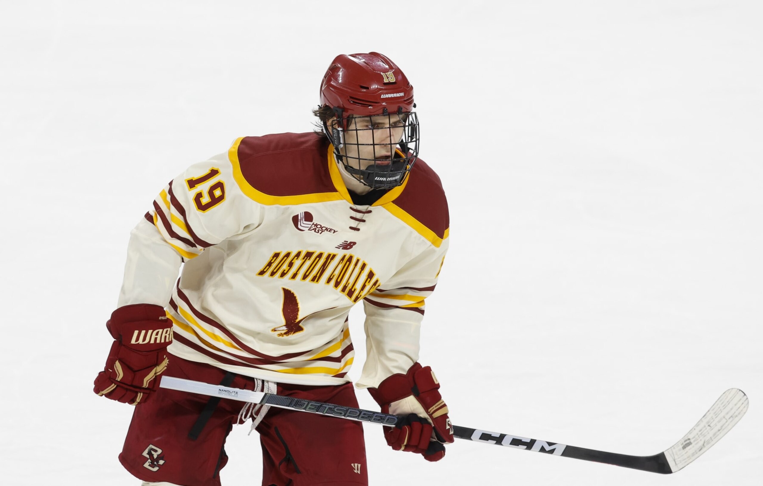 CHESTNUT HILL, MASSACHUSETTS - MARCH 3: Cutter Gauthier #19 of the Boston College Eagles skates against the New Hampshire Wildcats during the second period of an NCAA hockey game at Kelley Rink on March 3, 2024 in Chestnut Hill, Massachusetts. The Eagles won 1-0 and clinched the Hockey East regular season championship. (Photo by Richard T Gagnon/Getty Images)