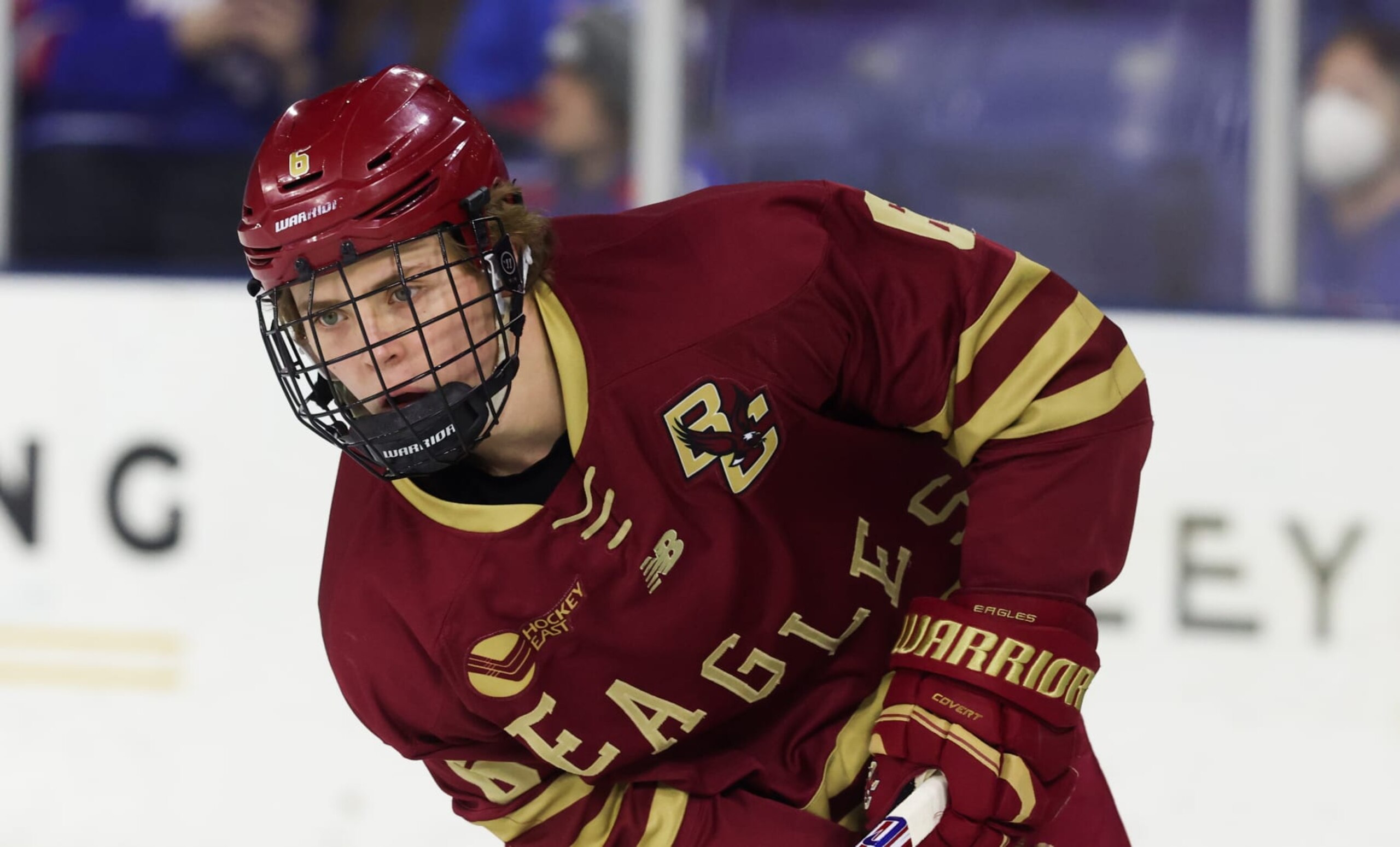 LOWELL, MASSACHUSETTS - FEBRUARY 2: Will Smith #6 of the Boston College Eagles warms up before a game against the UMass Lowell River Hawks during NCAA men's hockey at the Tsongas Center on February 2, 2024 in Lowell, Massachusetts. The Eagles won 6-1. (Photo by Richard T Gagnon/Getty Images)
