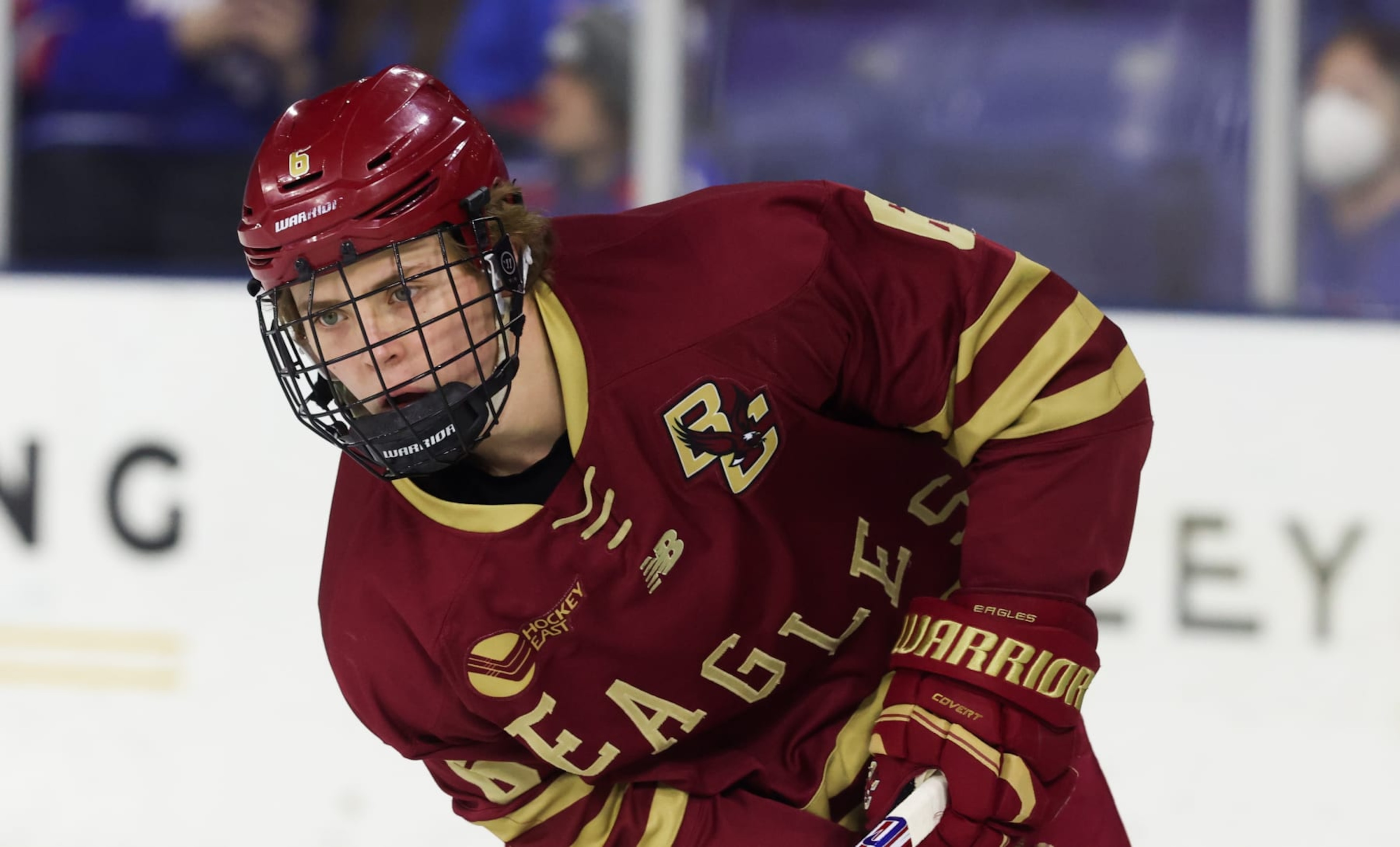LOWELL, MASSACHUSETTS - FEBRUARY 2: Will Smith #6 of the Boston College Eagles warms up before a game against the UMass Lowell River Hawks during NCAA men's hockey at the Tsongas Center on February 2, 2024 in Lowell, Massachusetts. The Eagles won 6-1. (Photo by Richard T Gagnon/Getty Images)
