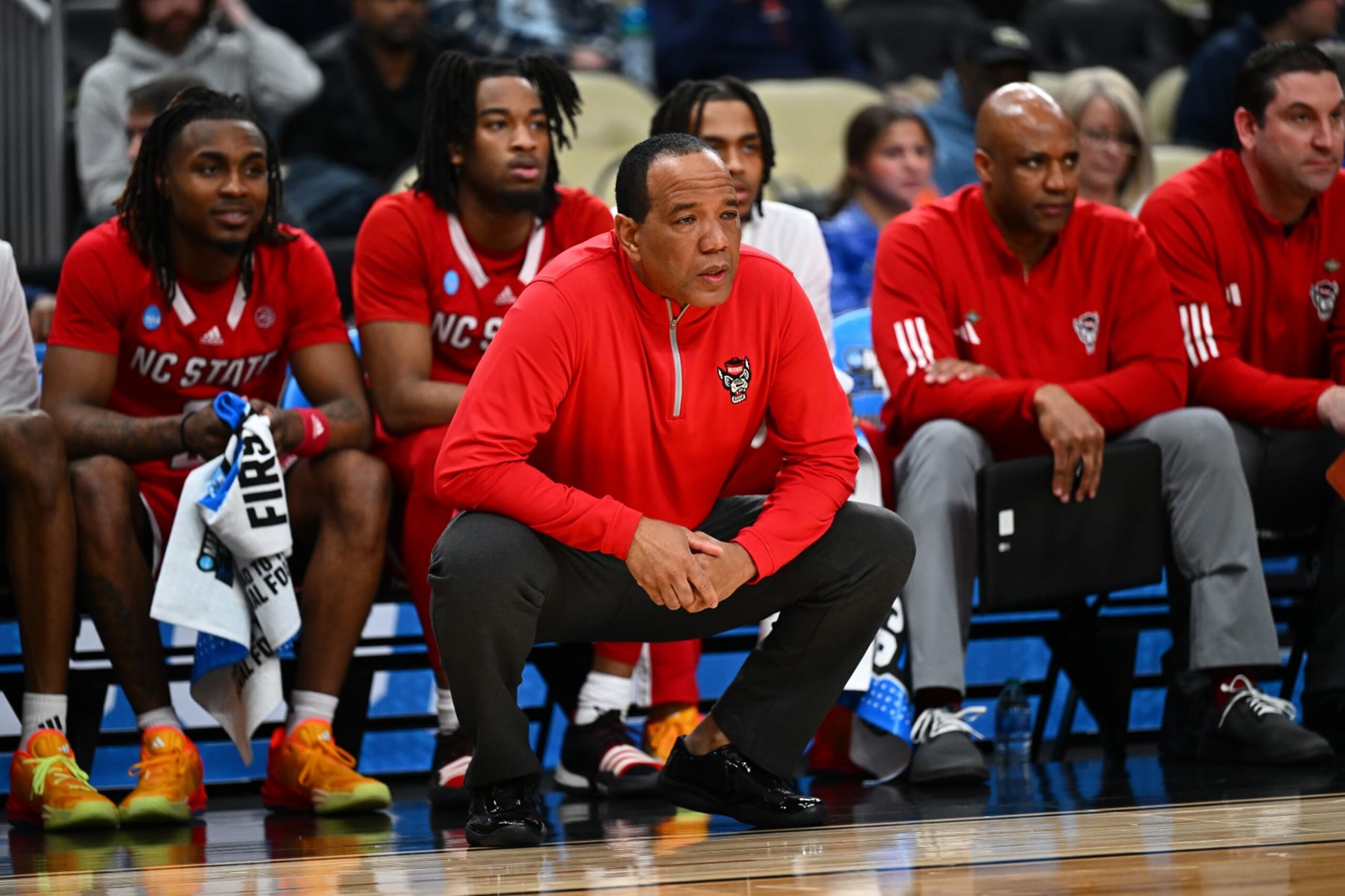 PITTSBURGH, PENNSYLVANIA - MARCH 21: Head coach Kevin Keatts of the North Carolina State Wolfpack looks on during the first half of a game against the Texas Tech Red Raiders in the first round of the NCAA Men's Basketball Tournament at PPG PAINTS Arena on March 21, 2024 in Pittsburgh, Pennsylvania. (Photo by Joe Sargent/Getty Images)