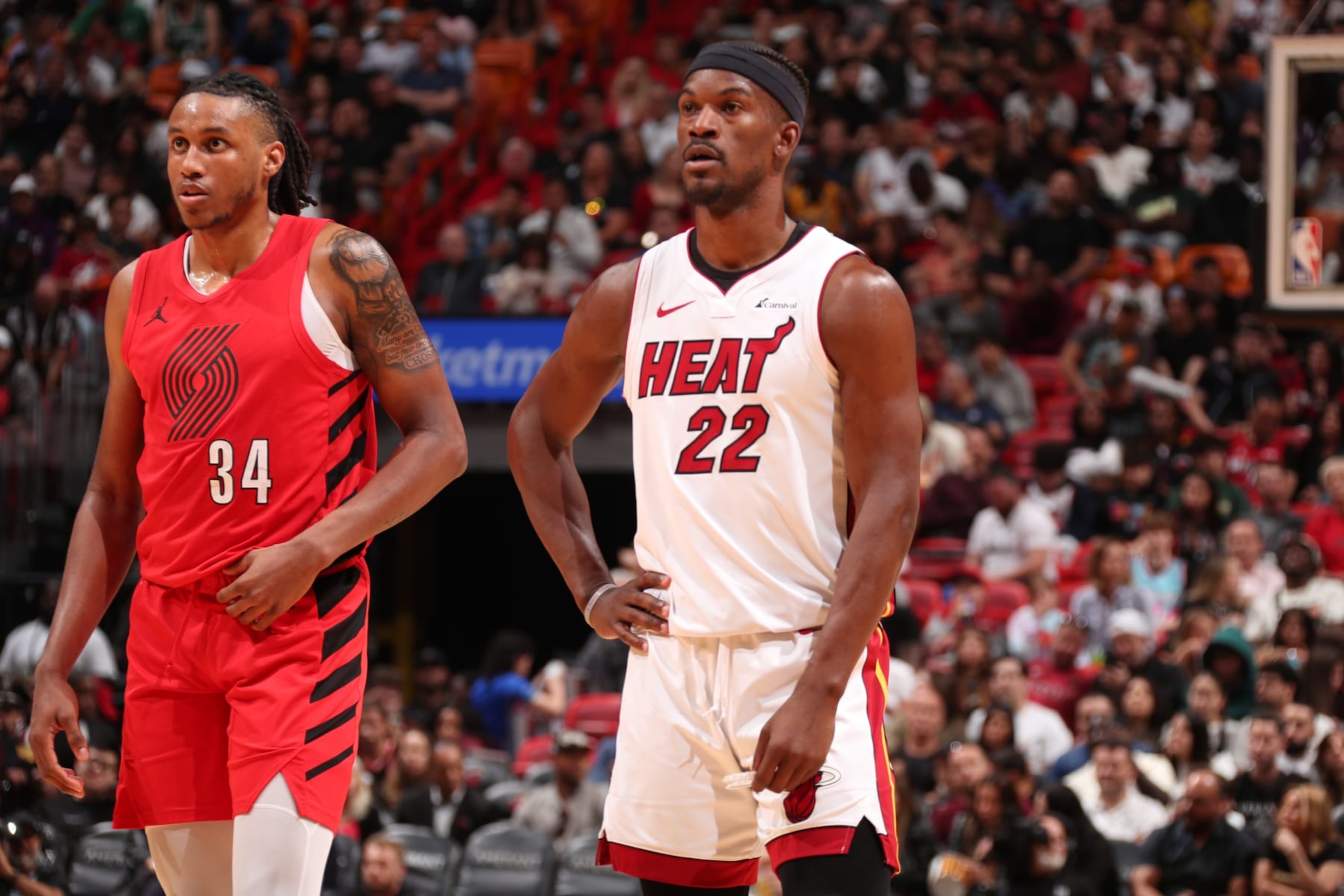 MIAMI, FL - MARCH 29: Jimmy Butler #22 of the Miami Heat looks on during the game against the Portland Trail Blazers on March 29, 2024 at Kaseya Center in Miami, Florida. NOTE TO USER: User expressly acknowledges and agrees that, by downloading and or using this Photograph, user is consenting to the terms and conditions of the Getty Images License Agreement. Mandatory Copyright Notice: Copyright 2024 NBAE (Photo by Issac Baldizon/NBAE via Getty Images)