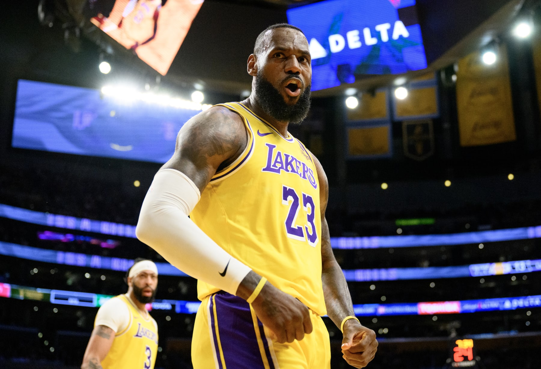 LOS ANGELES, CA - MARCH 18, 2024: Los Angeles Lakers forward LeBron James (23) reacts after scoring on a fast break layup  against the Atlanta Hawks  at Crypto.com Arena on March 18, 2024 in Los Angeles, California.(Gina Ferazzi / Los Angeles Times via Getty Images)