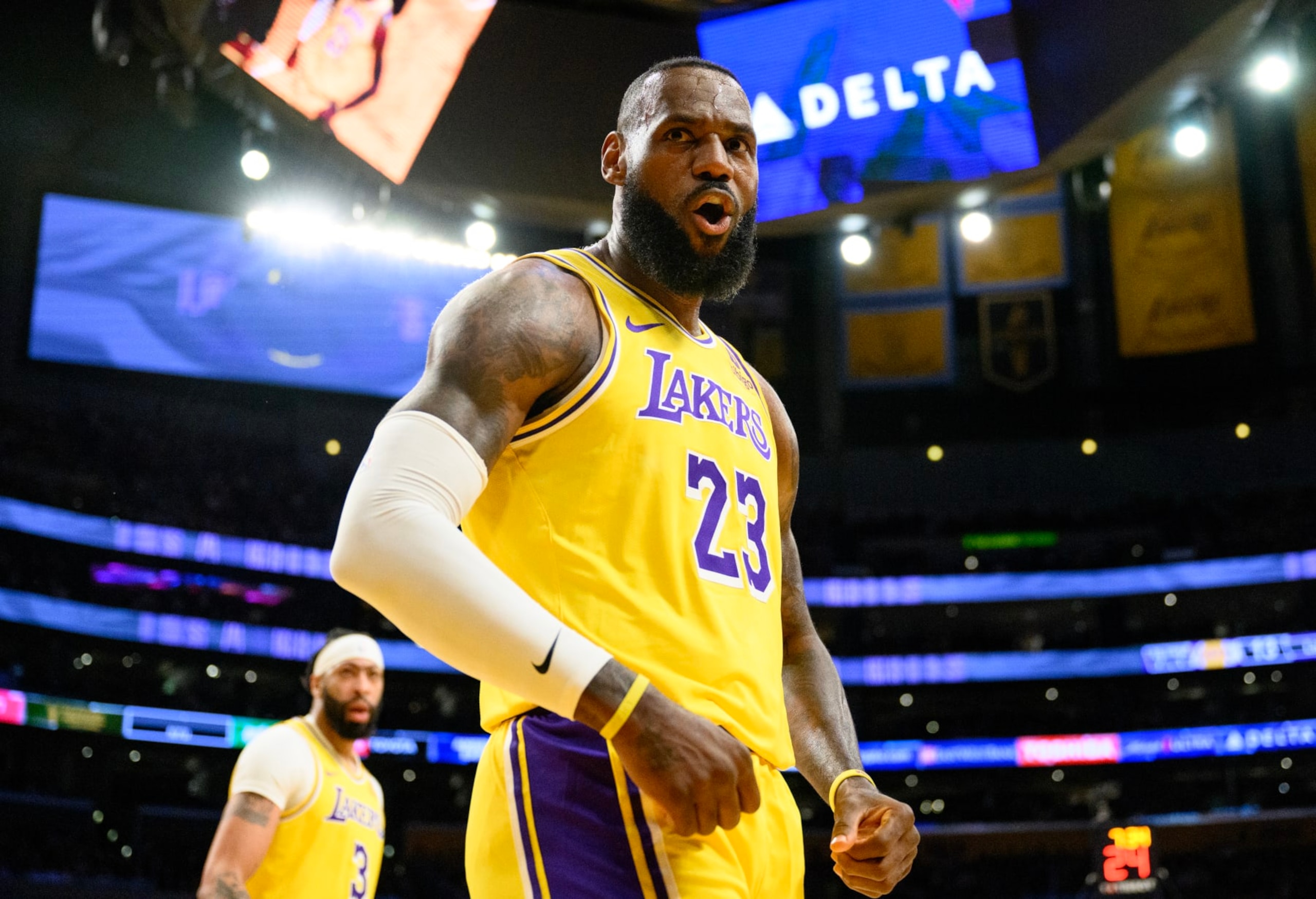 LOS ANGELES, CA - MARCH 18, 2024: Los Angeles Lakers forward LeBron James (23) reacts after scoring on a fast break layup  against the Atlanta Hawks  at Crypto.com Arena on March 18, 2024 in Los Angeles, California.(Gina Ferazzi / Los Angeles Times via Getty Images)