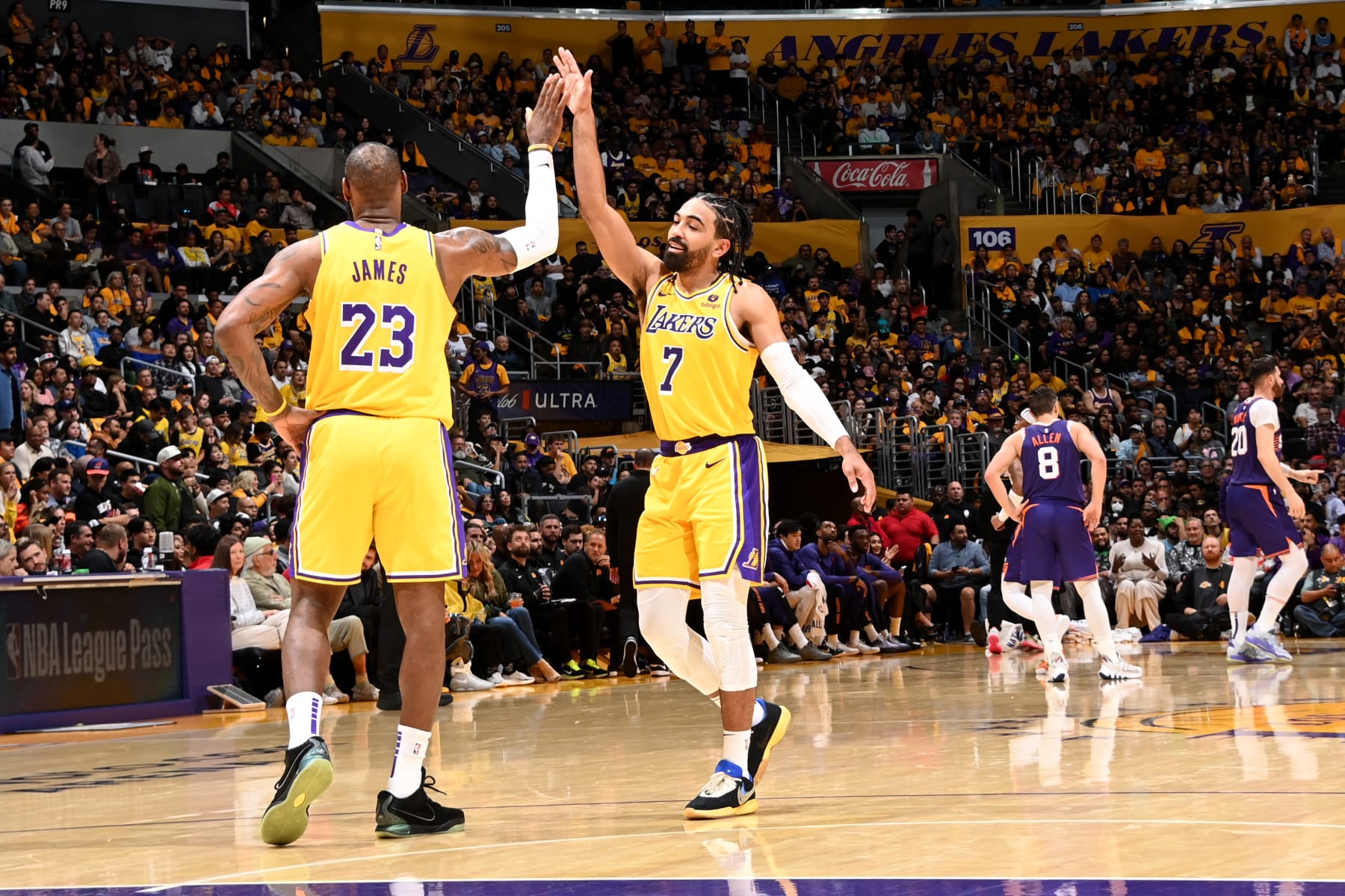 LOS ANGELES, CA - OCTOBER 26: LeBron James #23 of the Los Angeles Lakers high-fives Gabe Vincent #7 of the Los Angeles Lakers during the game against the Phoenix Suns on October 26, 2023 at Crypto.Com Arena in Los Angeles, California. NOTE TO USER: User expressly acknowledges and agrees that, by downloading and/or using this Photograph, user is consenting to the terms and conditions of the Getty Images License Agreement. Mandatory Copyright Notice: Copyright 2023 NBAE (Photo by Andrew D. Bernstein/NBAE via Getty Images)