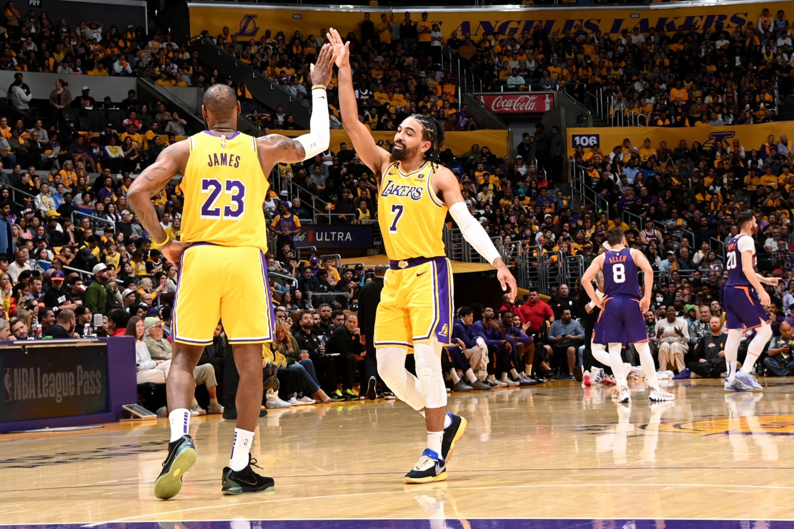 LOS ANGELES, CA - OCTOBER 26: LeBron James #23 of the Los Angeles Lakers high-fives Gabe Vincent #7 of the Los Angeles Lakers during the game against the Phoenix Suns on October 26, 2023 at Crypto.Com Arena in Los Angeles, California. NOTE TO USER: User expressly acknowledges and agrees that, by downloading and/or using this Photograph, user is consenting to the terms and conditions of the Getty Images License Agreement. Mandatory Copyright Notice: Copyright 2023 NBAE (Photo by Andrew D. Bernstein/NBAE via Getty Images)
