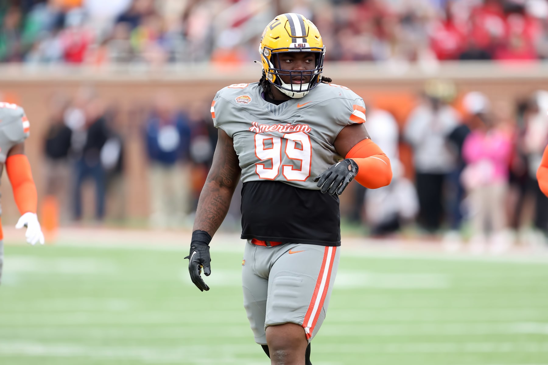 MOBILE, AL - FEBRUARY 03: American defensive lineman Jordan Jefferson of LSU (99) during the 2024 Reese's Senior Bowl on February 3, 2024 at Hancock Whitney Stadium in Mobile, Alabama.  (Photo by Michael Wade/Icon Sportswire via Getty Images)