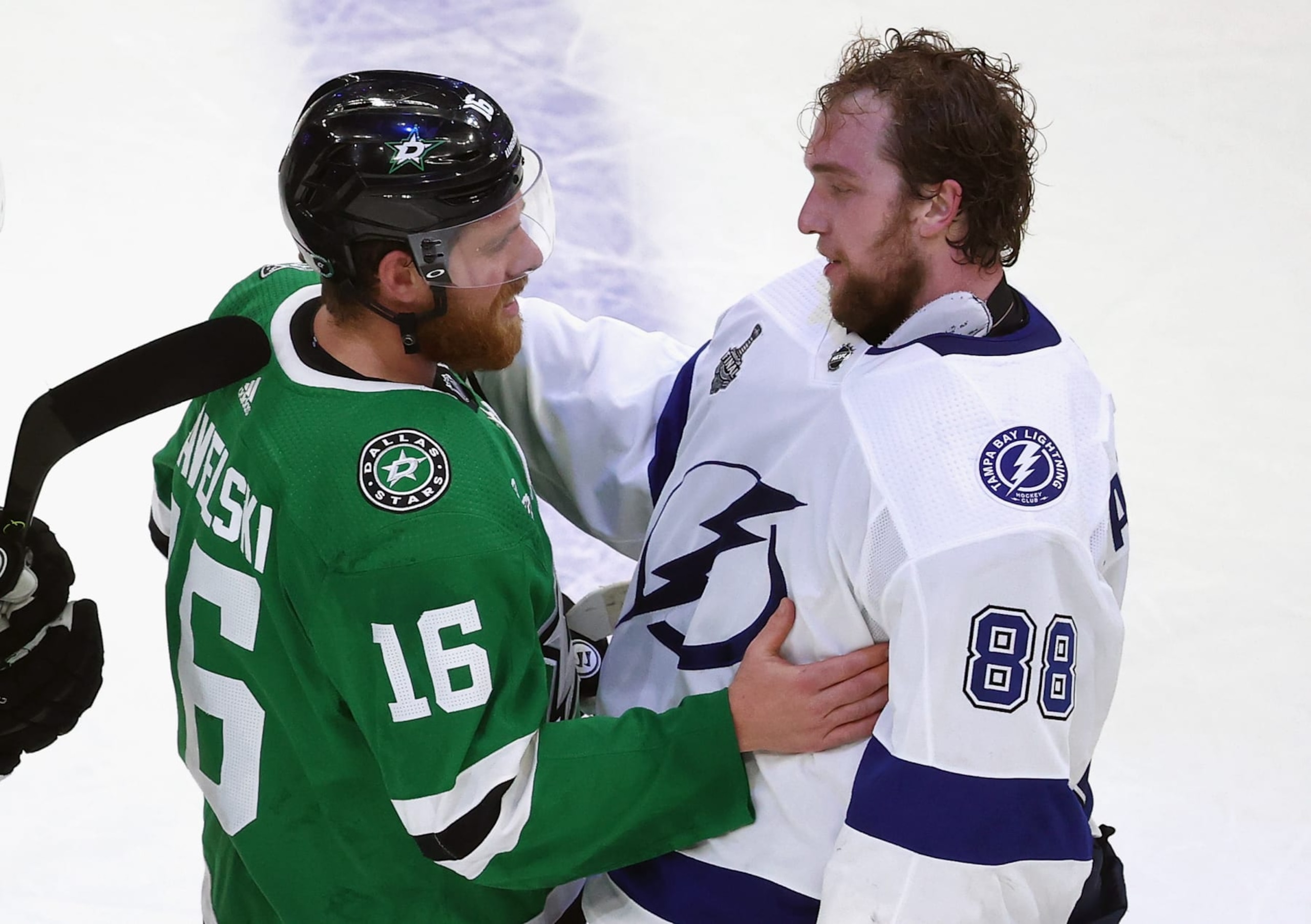 EDMONTON, ALBERTA - SEPTEMBER 28: Joe Pavelski #16 of the Dallas Stars and Andrei Vasilevskiy #88 of the Tampa Bay Lightning shake hands following the Lightning's series-winning victory over the Dallas Stars in Game Six of the 2020 NHL Stanley Cup Final at Rogers Place on September 28, 2020 in Edmonton, Alberta, Canada.  (Photo by Bruce Bennett/Getty Images)