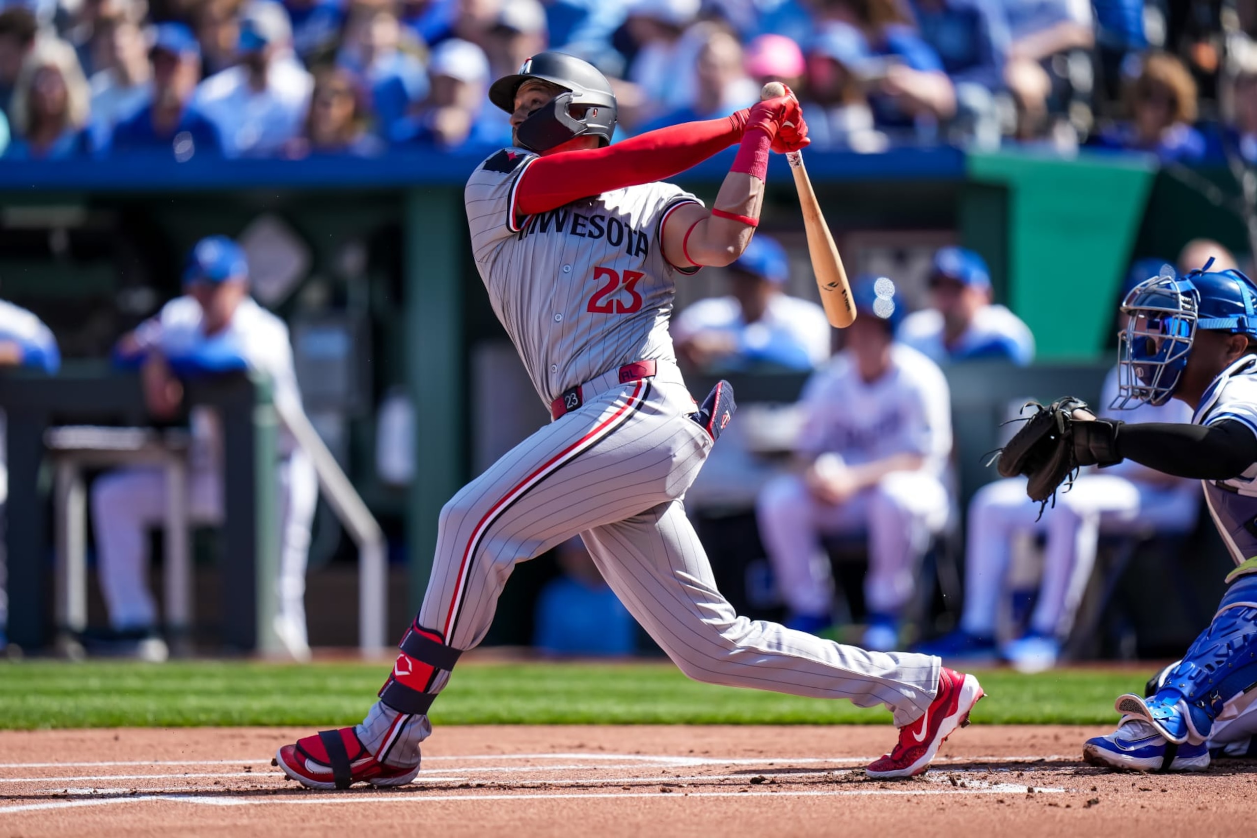 KANSAS CITY, MO - MARCH 28: Royce Lewis #23 of the Minnesota Twins bats and hits a home run against the Kansas City Royals on March 28, 2024 at Kauffman Stadium in Kansas City, Missouri. (Photo by Brace Hemmelgarn/Minnesota Twins/Getty Images) KANSAS CITY, MO - MARCH 28: Royce Lewis #23 of the Minnesota Twins bats and hits a home run against the Kansas City Royals on March 28, 2024 at Kauffman Stadium in Kansas City, Missouri. (Photo by Brace Hemmelgarn/Minnesota Twins/Getty Images)