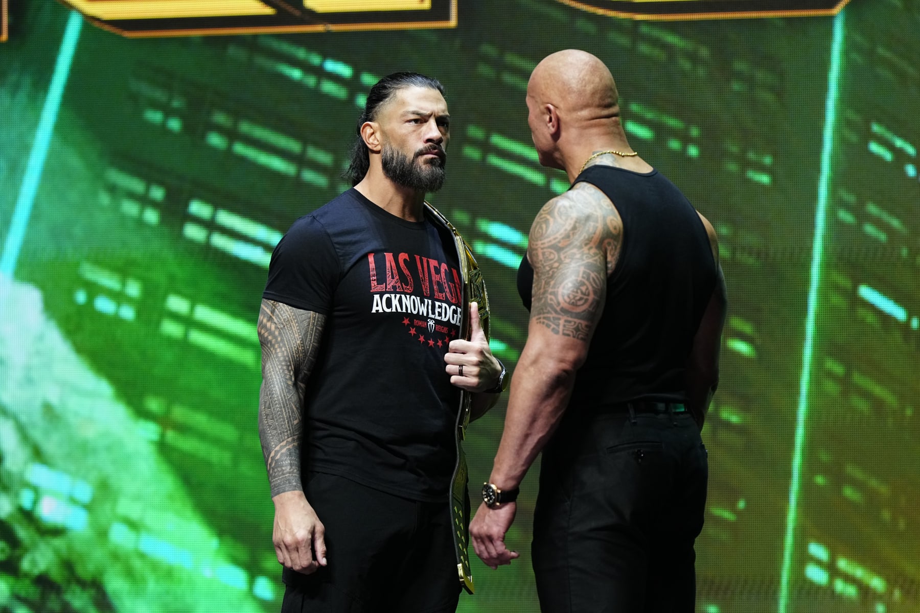 LAS VEGAS, NV - FEBRUARY 08:  Dwayne "The Rock" Johnson and Roman Reigns during the WWE Wrestlemania XL Kickoff on February 08, 2024, at T-Mobile Arena in Las Vegas, NV. (Photo by Louis Grasse/PXimages/Icon Sportswire via Getty Images)