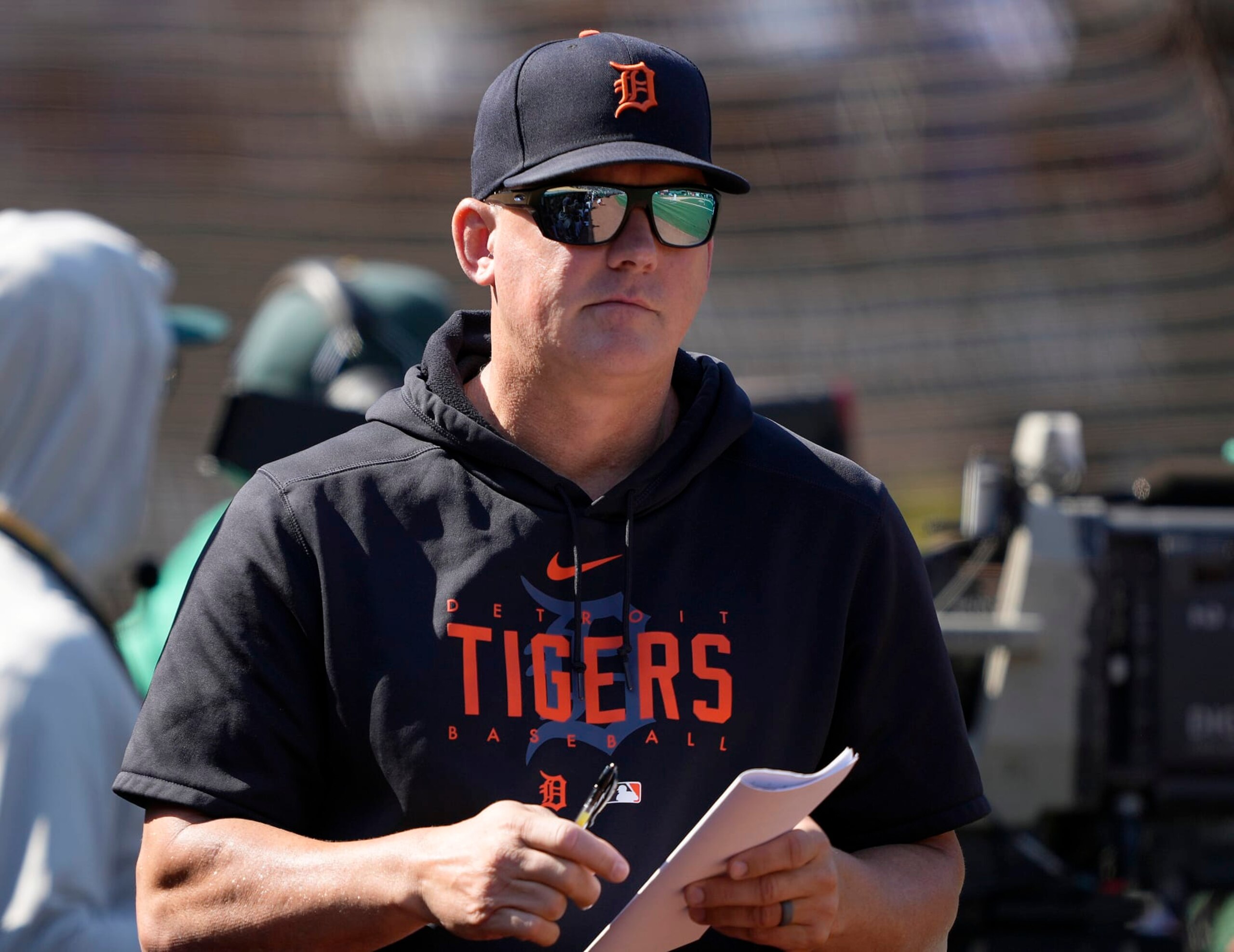 OAKLAND, CALIFORNIA - SEPTEMBER 23: Manager A.J. Hinch #14 of the Detroit Tigers looks on from the dugout against the Oakland Athletics in the bottom of the seventh inning at RingCentral Coliseum on September 23, 2023 in Oakland, California. (Photo by Thearon W. Henderson/Getty Images) OAKLAND, CALIFORNIA - SEPTEMBER 23: Manager A.J. Hinch #14 of the Detroit Tigers looks on from the dugout against the Oakland Athletics in the bottom of the seventh inning at RingCentral Coliseum on September 23, 2023 in Oakland, California. (Photo by Thearon W. Henderson/Getty Images)