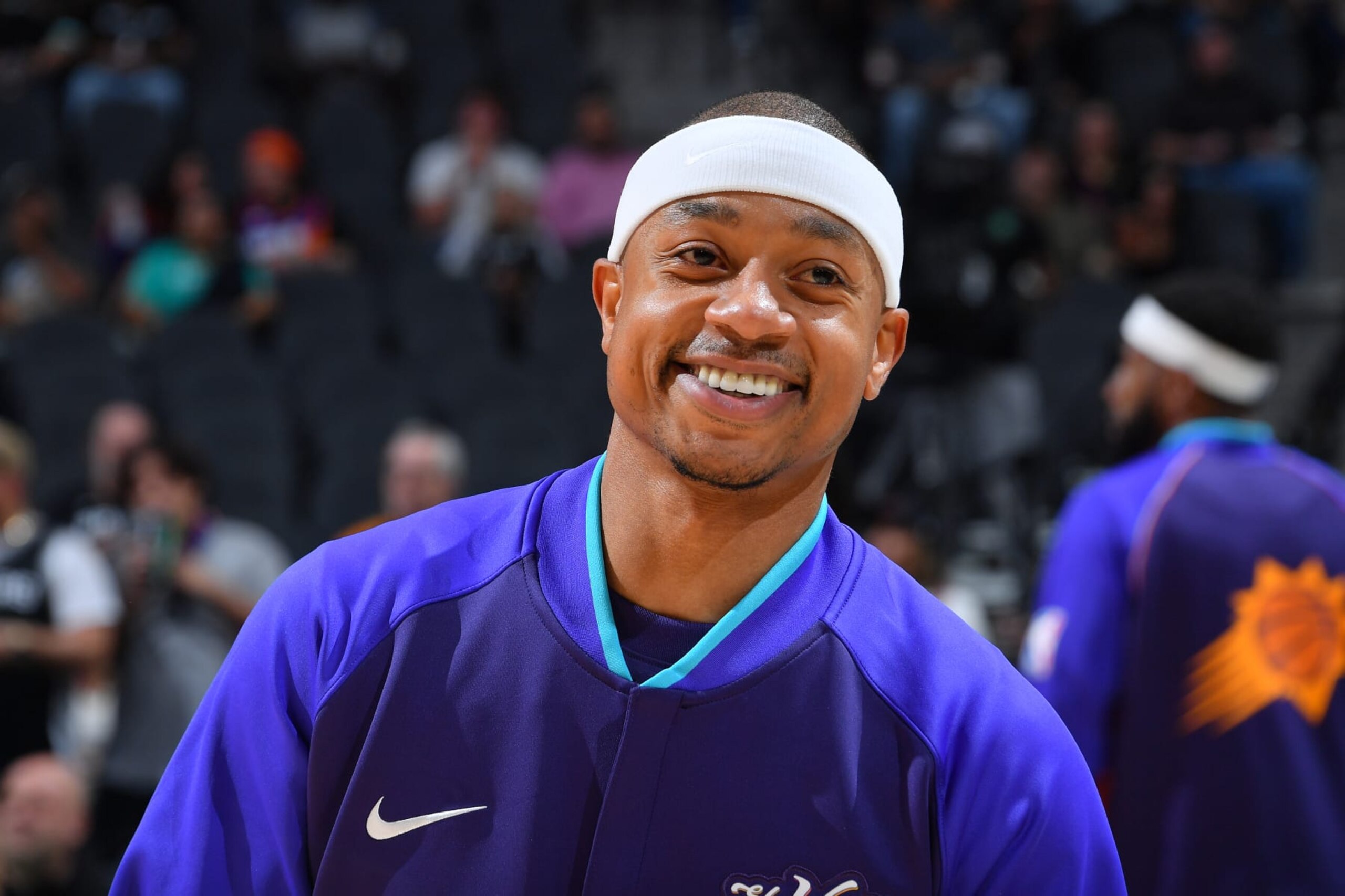 SAN ANTONIO, TX - MARCH 25: Isaiah Thomas #4 of the Phoenix Suns smiles before the game against the San Antonio Spurs on March 25, 2024 at the Frost Bank Center in San Antonio, Texas. NOTE TO USER: User expressly acknowledges and agrees that, by downloading and or using this photograph, user is consenting to the terms and conditions of the Getty Images License Agreement. Mandatory Copyright Notice: Copyright 2024 NBAE (Photos by Michael Gonzales/NBAE via Getty Images) SAN ANTONIO, TX - MARCH 25: Isaiah Thomas #4 of the Phoenix Suns smiles before the game against the San Antonio Spurs on March 25, 2024 at the Frost Bank Center in San Antonio, Texas. NOTE TO USER: User expressly acknowledges and agrees that, by downloading and or using this photograph, user is consenting to the terms and conditions of the Getty Images License Agreement. Mandatory Copyright Notice: Copyright 2024 NBAE (Photos by Michael Gonzales/NBAE via Getty Images)