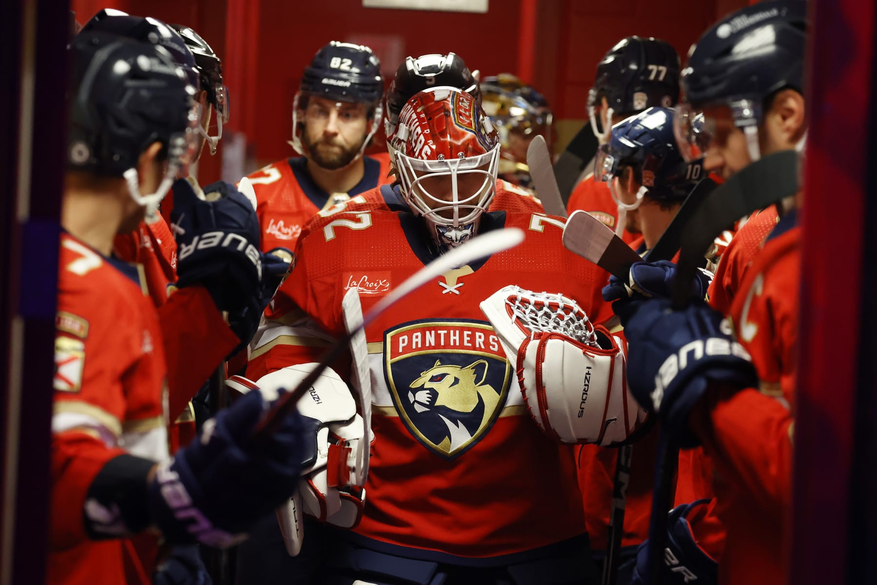 SUNRISE, FLORIDA - MARCH 30: Goaltender Sergei Bobrovsky #72 of the Florida Panthers heads out to the ice from the locker room prior to the start of the game against the Detroit Red Wings at the Amerant Bank Arena on March 30, 2024 in Sunrise, Florida. (Photo by Eliot J. Schechter/NHLI via Getty Images)