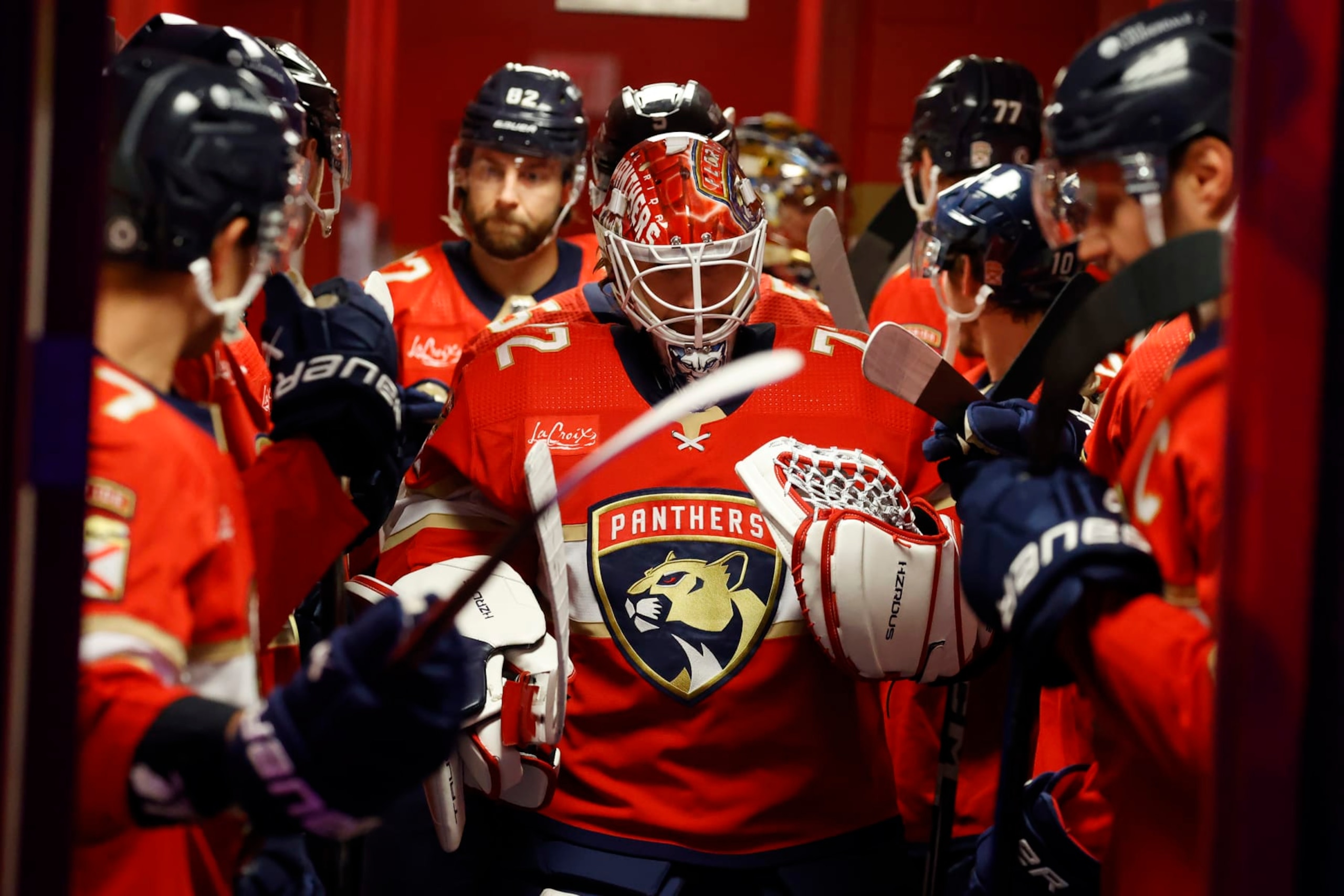 SUNRISE, FLORIDA - MARCH 30: Goaltender Sergei Bobrovsky #72 of the Florida Panthers heads out to the ice from the locker room prior to the start of the game against the Detroit Red Wings at the Amerant Bank Arena on March 30, 2024 in Sunrise, Florida. (Photo by Eliot J. Schechter/NHLI via Getty Images)