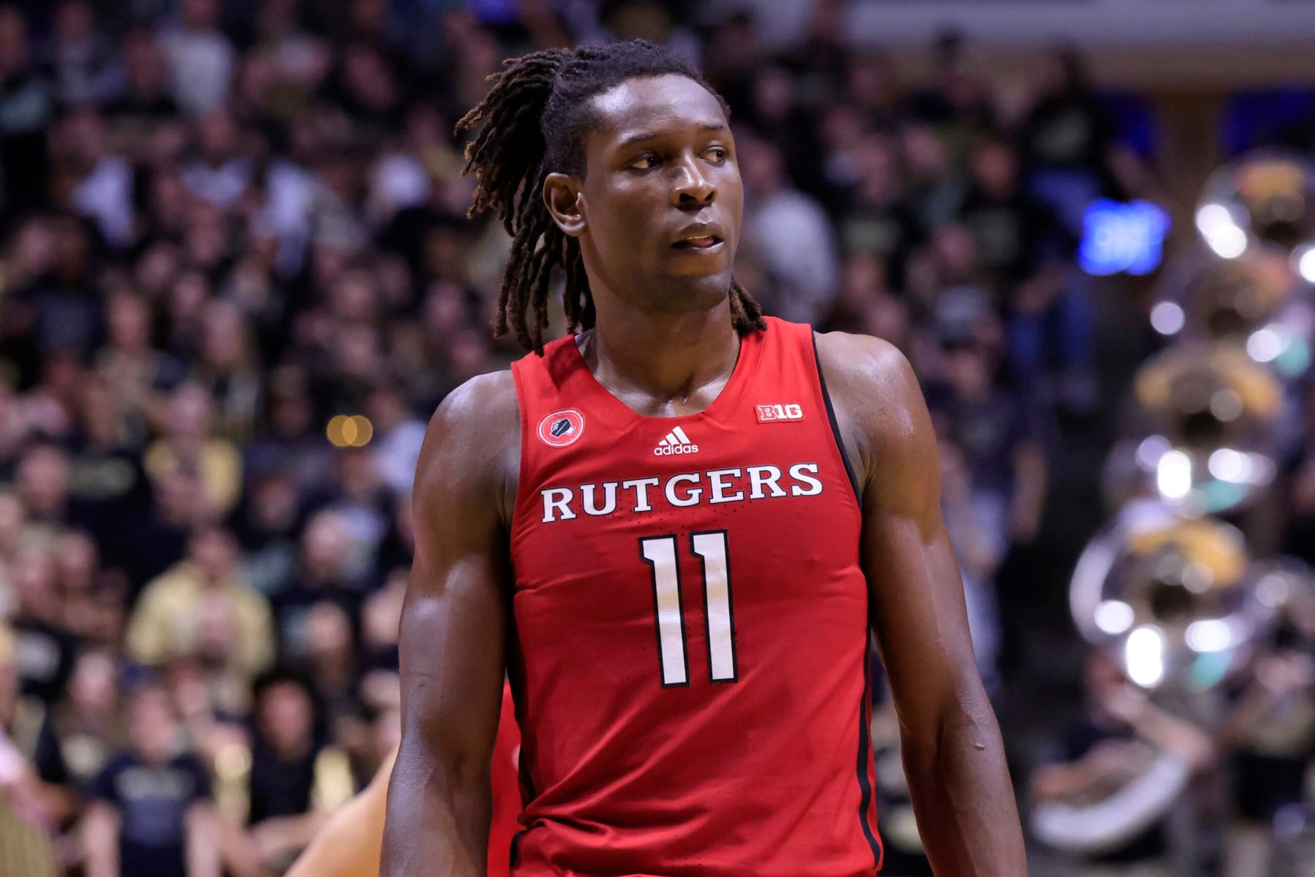 WEST LAFAYETTE, INDIANA - FEBRUARY 20: Clifford Omoruyi #11 of the Rutgers Scarlet Knights looks on in the game against the Purdue Boilermakers at Mackey Arena on February 20, 2022 in West Lafayette, Indiana. (Photo by Justin Casterline/Getty Images)
