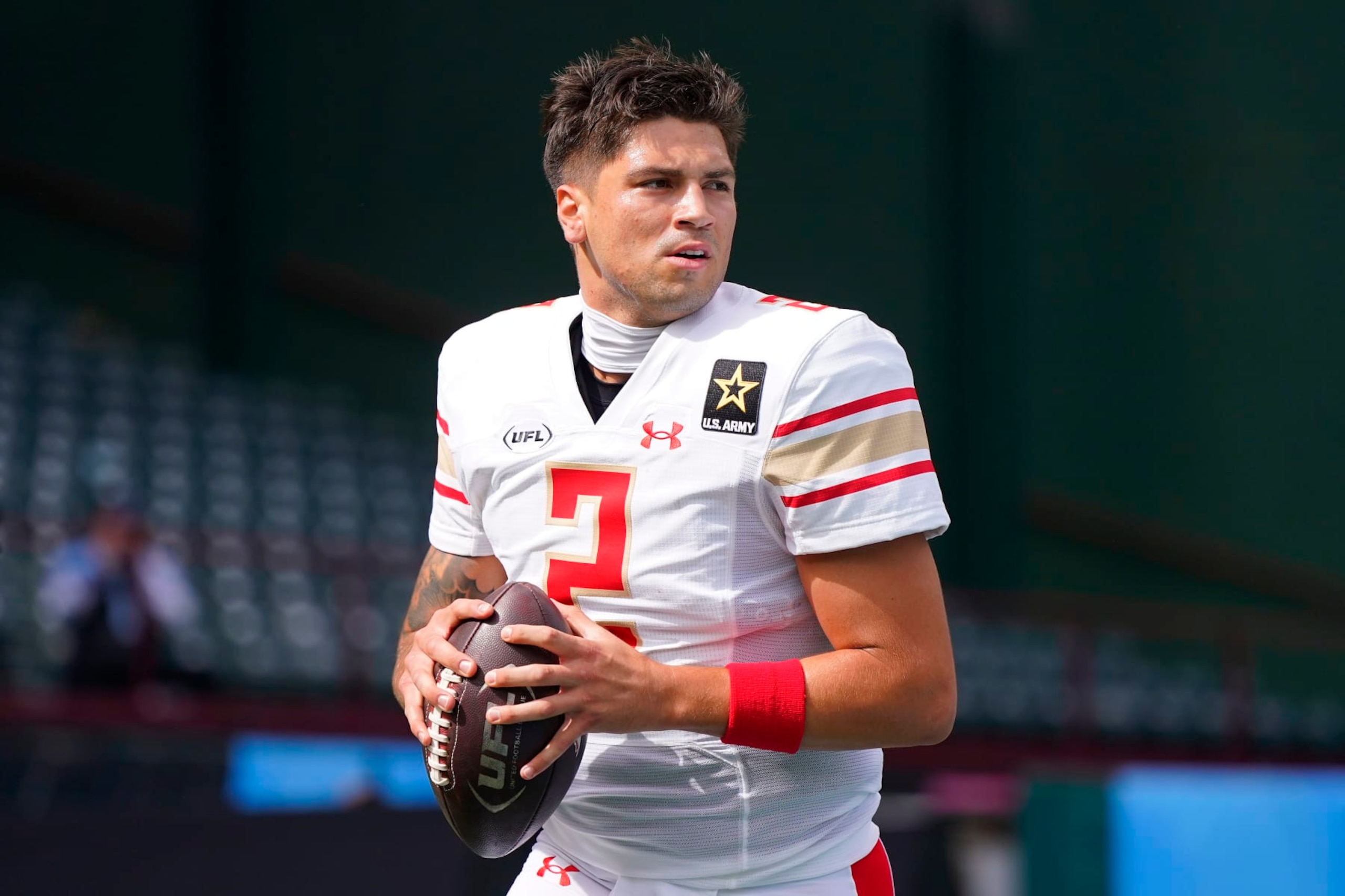 ARLINGTON, TEXAS - MARCH 30: Matt Corral #2 of the Birmingham Stallions warms-up prior to a game against the Arlington Renegades at Choctaw Stadium on March 30, 2024 in Arlington, Texas. (Photo by Sam Hodde/UFL/Getty Images)