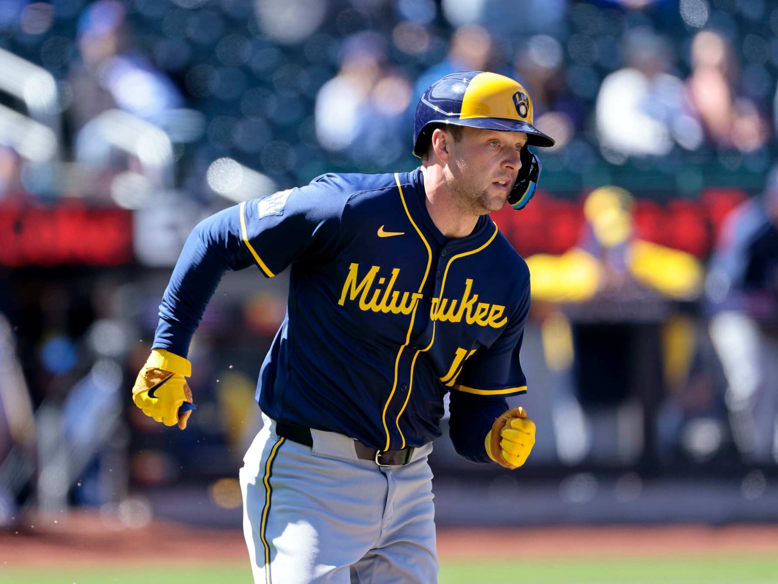 NEW YORK, NEW YORK - MARCH 30: Rhys Hoskins #12 of the Milwaukee Brewers runs up the first base line after connecting for a two run RBI single in the top of the first inning against the New York Mets at Citi Field on March 30, 2024 in New York City. (Photo by Christopher Pasatieri/Getty Images) NEW YORK, NEW YORK - MARCH 30: Rhys Hoskins #12 of the Milwaukee Brewers runs up the first base line after connecting for a two run RBI single in the top of the first inning against the New York Mets at Citi Field on March 30, 2024 in New York City. (Photo by Christopher Pasatieri/Getty Images)