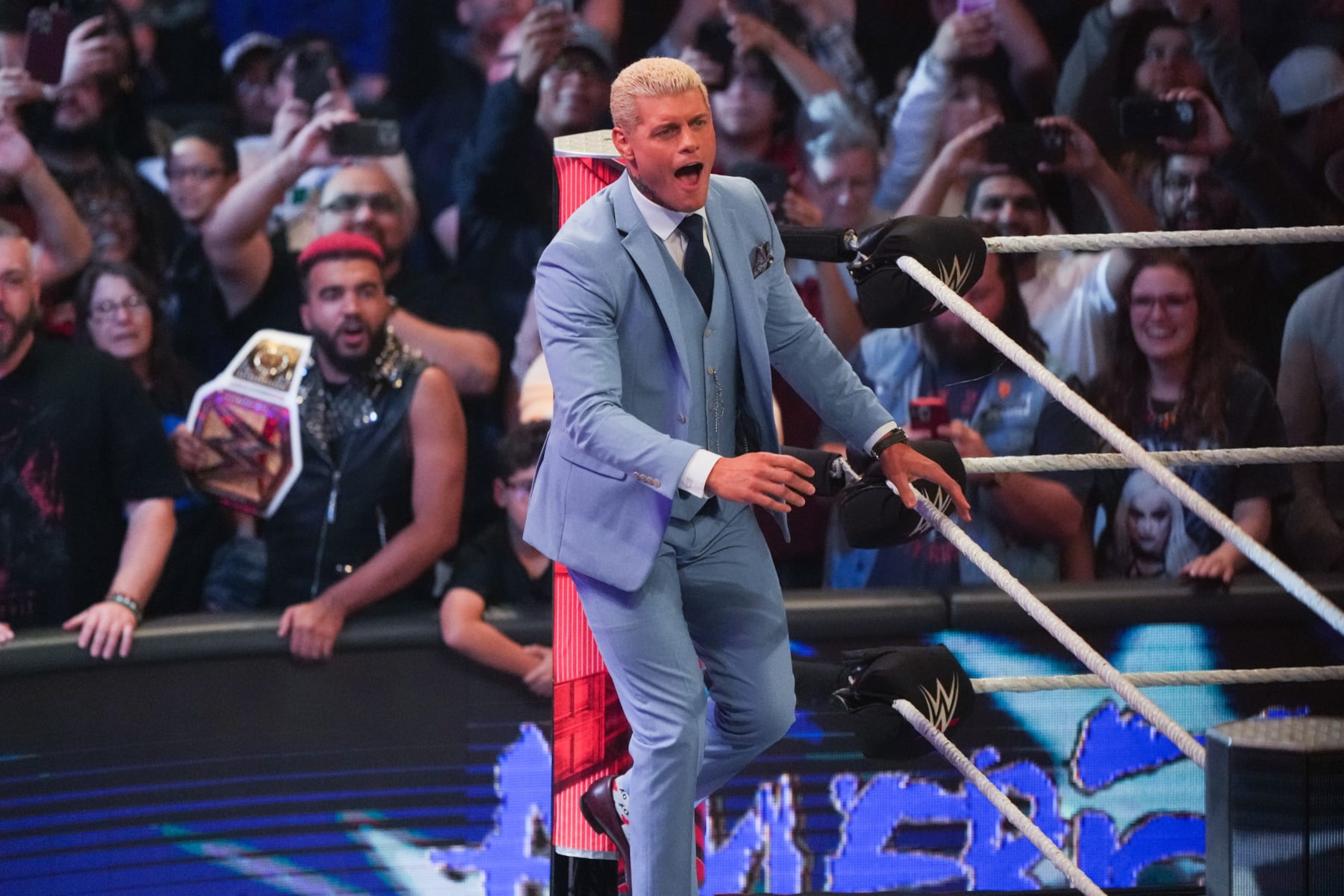 HOUSTON, TEXAS - MARCH 11: Cody Rhodes is introduced during WWE Monday Night RAW at Toyota Center on March 11, 2024 in Houston, Texas. (Photo by Alex Bierens de Haan/Getty Images) HOUSTON, TEXAS - MARCH 11: Cody Rhodes is introduced during WWE Monday Night RAW at Toyota Center on March 11, 2024 in Houston, Texas. (Photo by Alex Bierens de Haan/Getty Images)