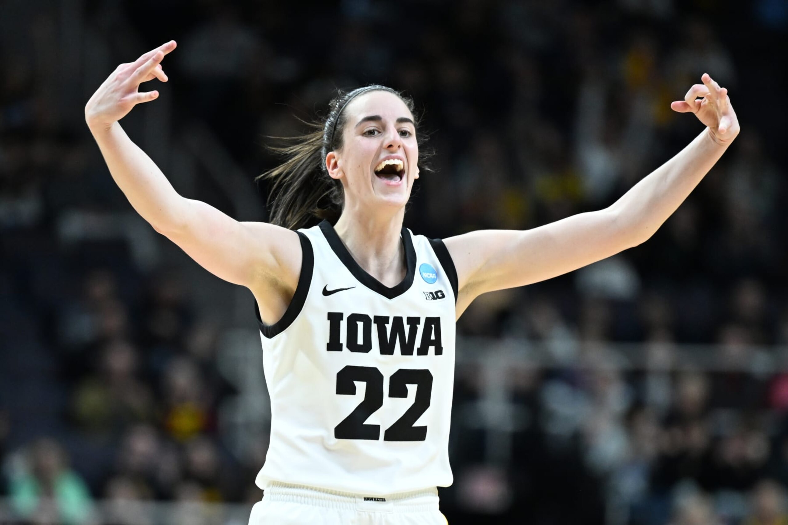 ALBANY, NEW YORK - MARCH 30: Caitlin Clark #22 of the Iowa Hawkeyes reacts after a three pointer against the Colorado Buffaloes during the Sweet Sixteen round of the 2024 NCAA Women's Basketball Tournament held at MVP Arena on March 30, 2024 in Albany, New York. (Photo by Greg Fiume/NCAA Photos via Getty Images)