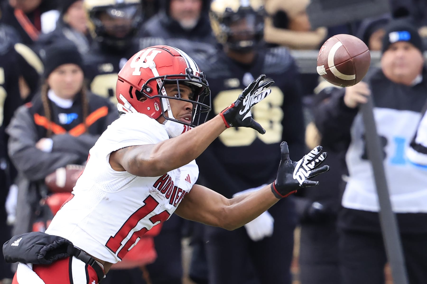 WEST LAFAYETTE, INDIANA - NOVEMBER 25: Jaylin Lucas #12 of the Indiana Hoosiers catches a pass in the game against the Purdue Boilermakers at Ross-Ade Stadium on November 25, 2023 in West Lafayette, Indiana. (Photo by Justin Casterline/Getty Images)