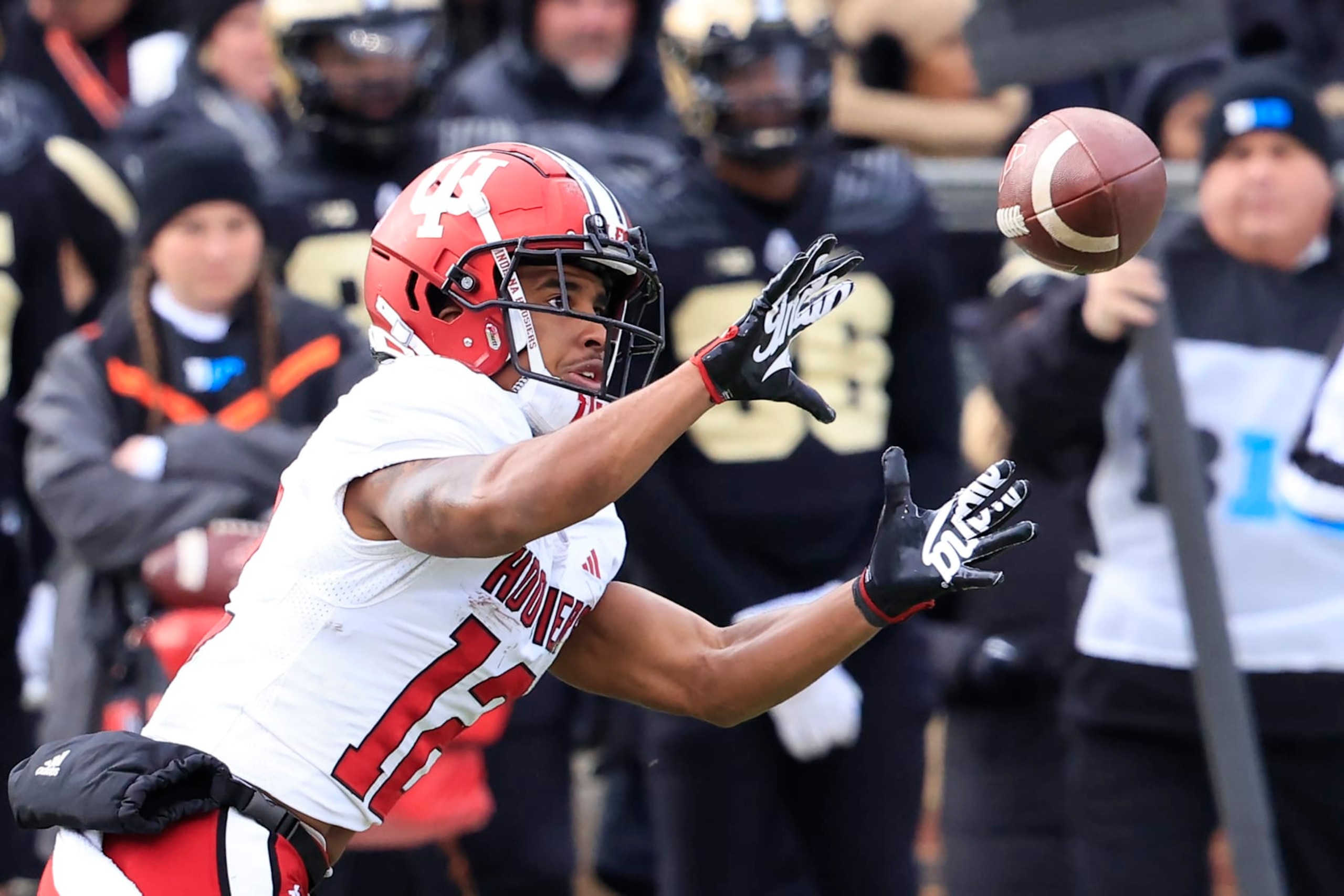 WEST LAFAYETTE, INDIANA - NOVEMBER 25: Jaylin Lucas #12 of the Indiana Hoosiers catches a pass in the game against the Purdue Boilermakers at Ross-Ade Stadium on November 25, 2023 in West Lafayette, Indiana. (Photo by Justin Casterline/Getty Images)