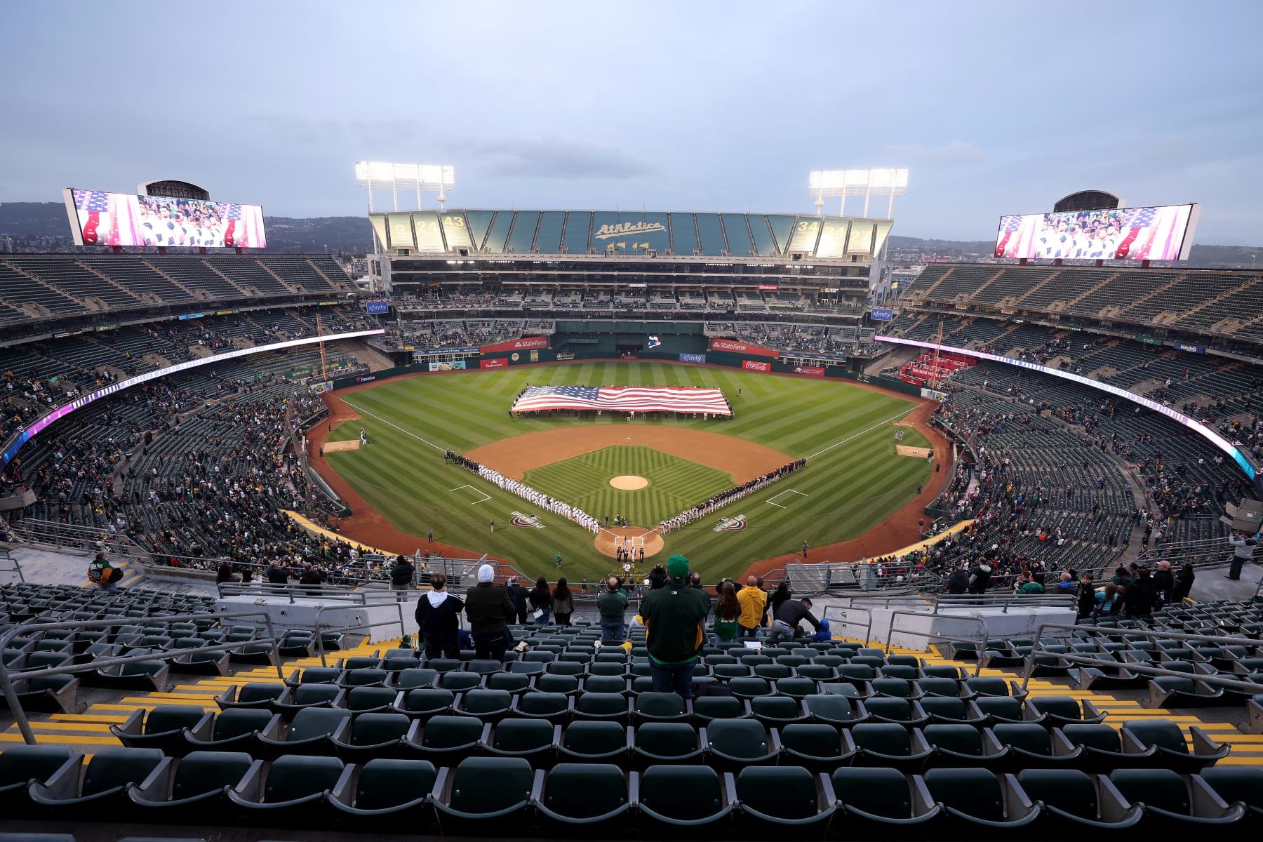 OAKLAND, CALIFORNIA - MARCH 28: A general view during the national anthem before the Oakland Athletics game against the Cleveland Guardians at Oakland Coliseum on March 28, 2024 in Oakland, California. (Photo by Ezra Shaw/Getty Images)