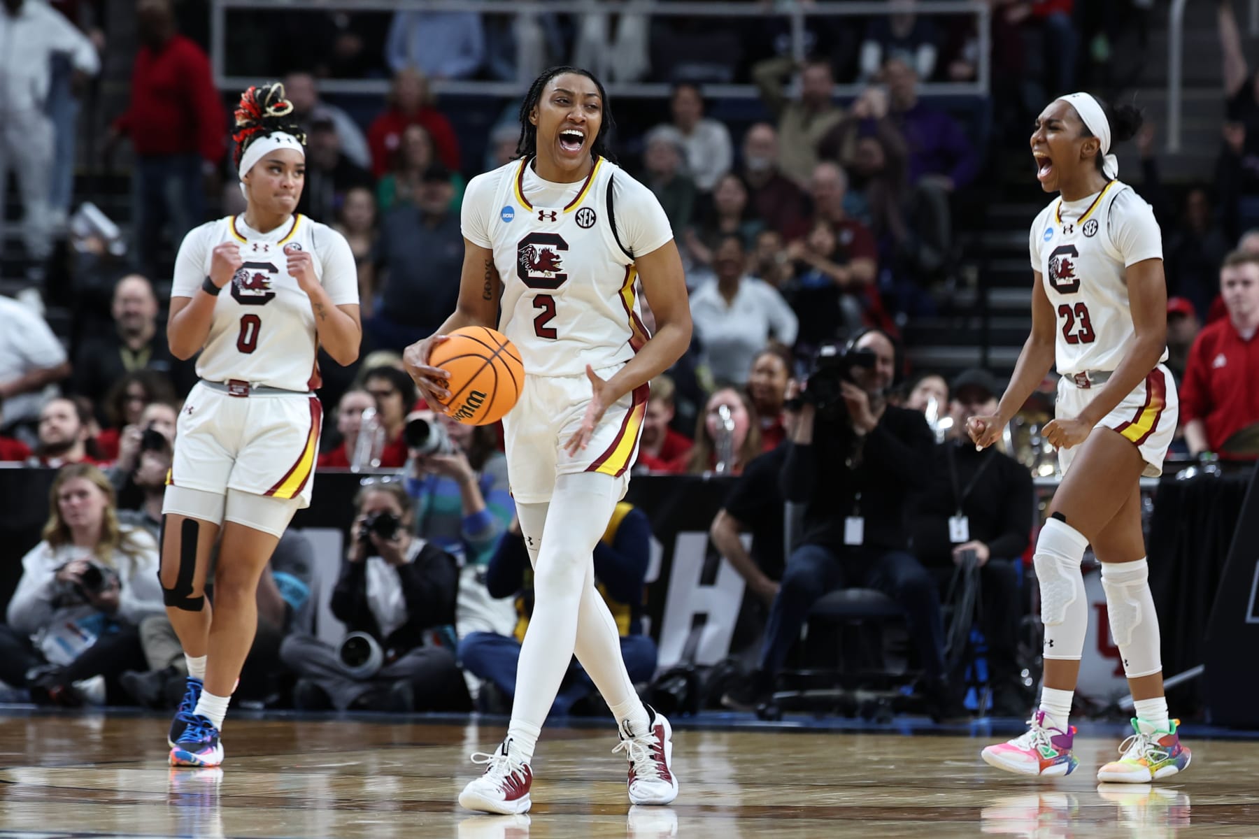 ALBANY, NEW YORK - MARCH 29: Ashlyn Watkins #2 of the South Carolina Gamecocks celebrates with teammates following a win over the Indiana Hoosiers during the Sweet Sixteen round of the 2024 NCAA Women's Basketball Tournament held at MVP Arena on March 29, 2024 in Albany, New York. (Photo by Scott Taetsch/NCAA Photos via Getty Images)
