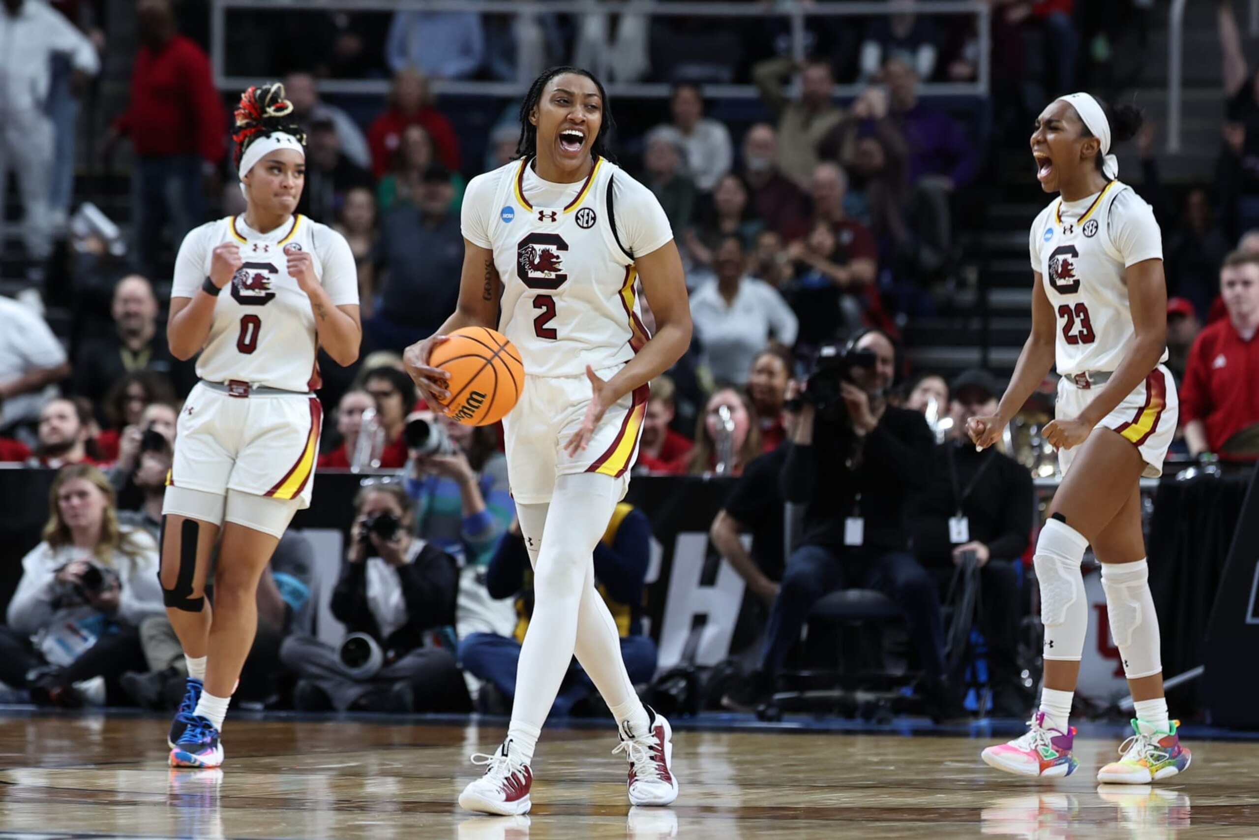 ALBANY, NEW YORK - MARCH 29: Ashlyn Watkins #2 of the South Carolina Gamecocks celebrates with teammates following a win over the Indiana Hoosiers during the Sweet Sixteen round of the 2024 NCAA Women's Basketball Tournament held at MVP Arena on March 29, 2024 in Albany, New York. (Photo by Scott Taetsch/NCAA Photos via Getty Images)