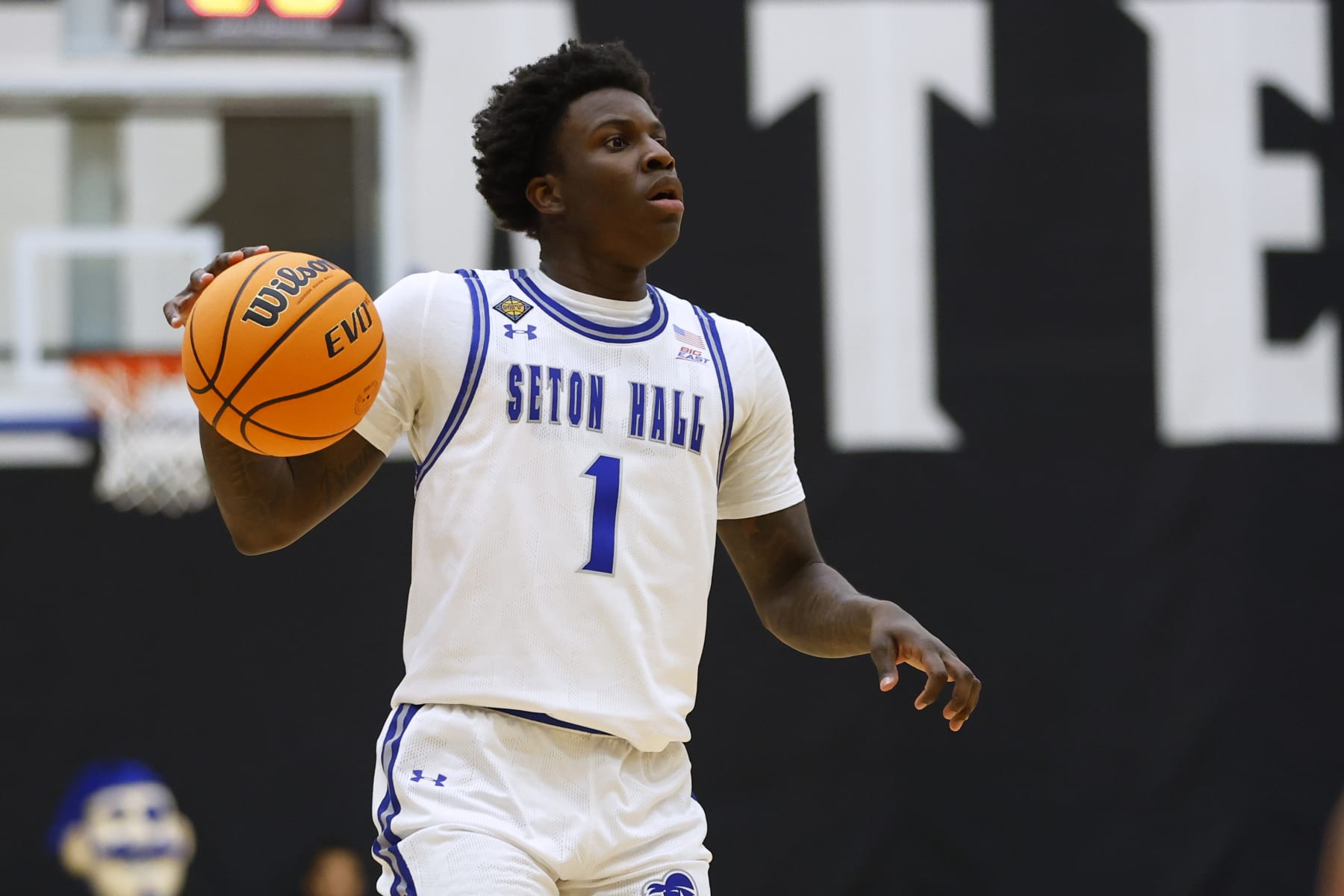 SOUTH ORANGE, NEW JERSEY - MARCH 27: Kadary Richmond #1 of the Seton Hall Pirates in action against the UNLV Runnin' Rebels during an NIT quarterfinal game at Walsh Gymnasium on March 27, 2024 in South Orange, New Jersey. Seton Hall defeated UNLV 91-68. (Photo by Rich Schultz/Getty Images)