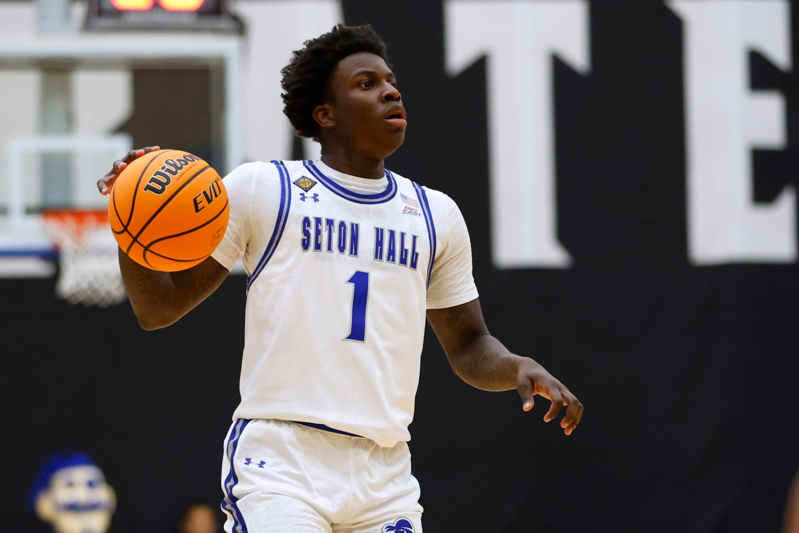 SOUTH ORANGE, NEW JERSEY - MARCH 27: Kadary Richmond #1 of the Seton Hall Pirates in action against the UNLV Runnin' Rebels during an NIT quarterfinal game at Walsh Gymnasium on March 27, 2024 in South Orange, New Jersey. Seton Hall defeated UNLV 91-68. (Photo by Rich Schultz/Getty Images)