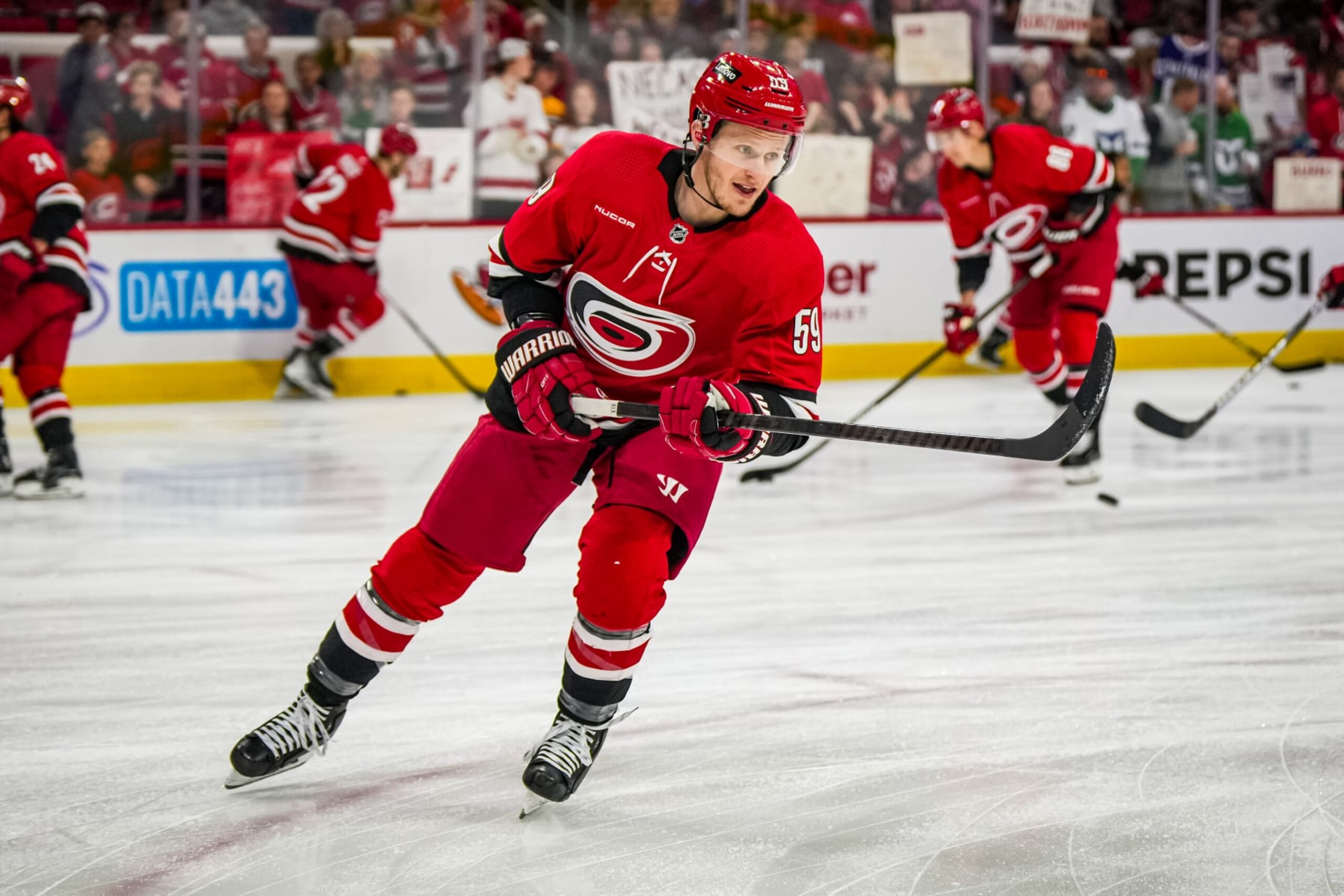 RALEIGH, NORTH CAROLINA - MARCH 28:  Jake Guentzel #59 of the Carolina Hurricanes warms up prior to a game against the Detroit Red Wings at PNC Arena on March 28, 2024 in Raleigh, North Carolina. (Photo by Josh Lavallee/NHLI via Getty Images)
