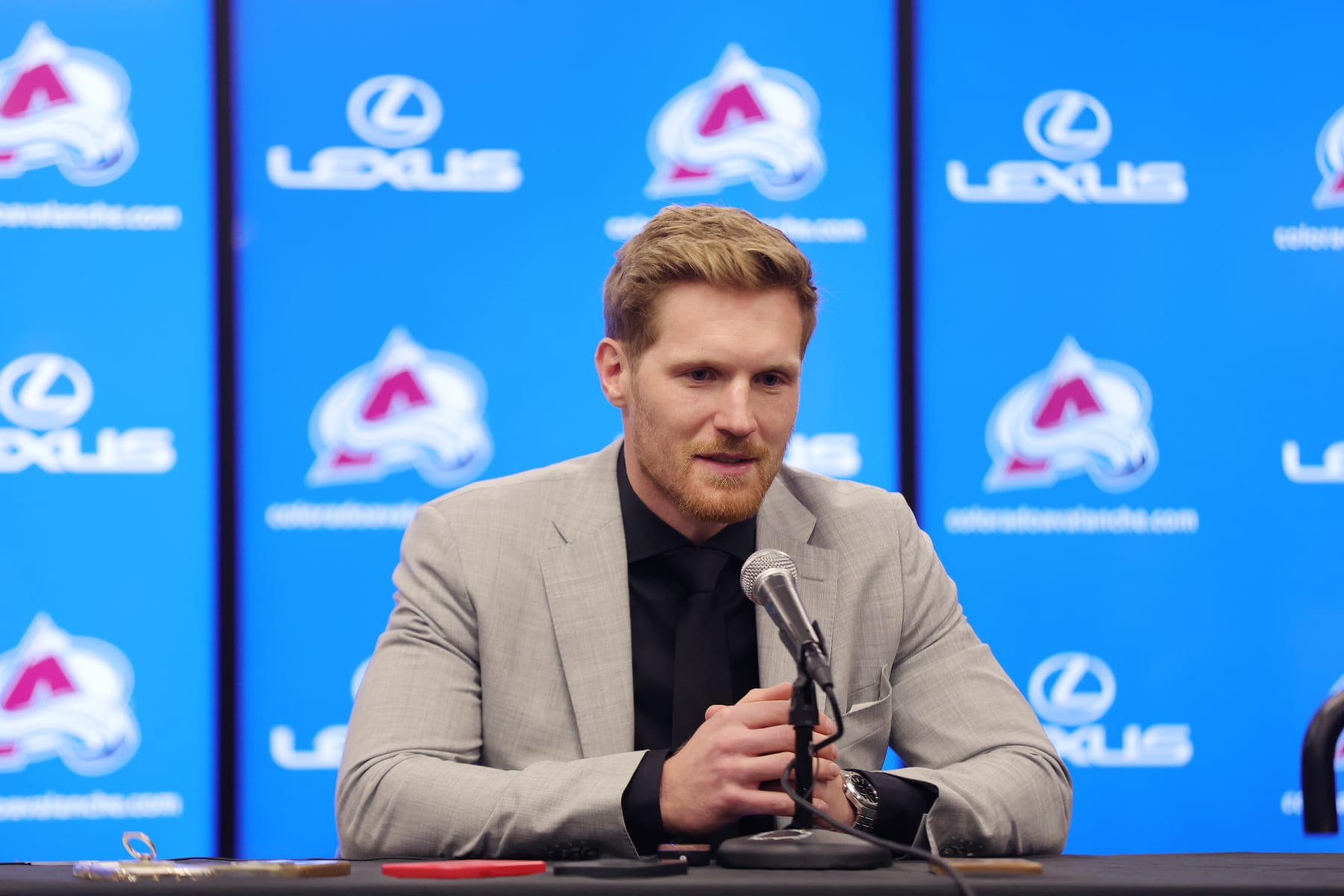 DENVER, COLORADO - APRIL 13: Gabriel Landeskog #92 of the Colorado Avalanche addresses the media prior to the game against the Winnipeg Jets at Ball Arena on April 13, 2023 in Denver, Colorado. (Photo by Michael Martin/NHLI via Getty Images)