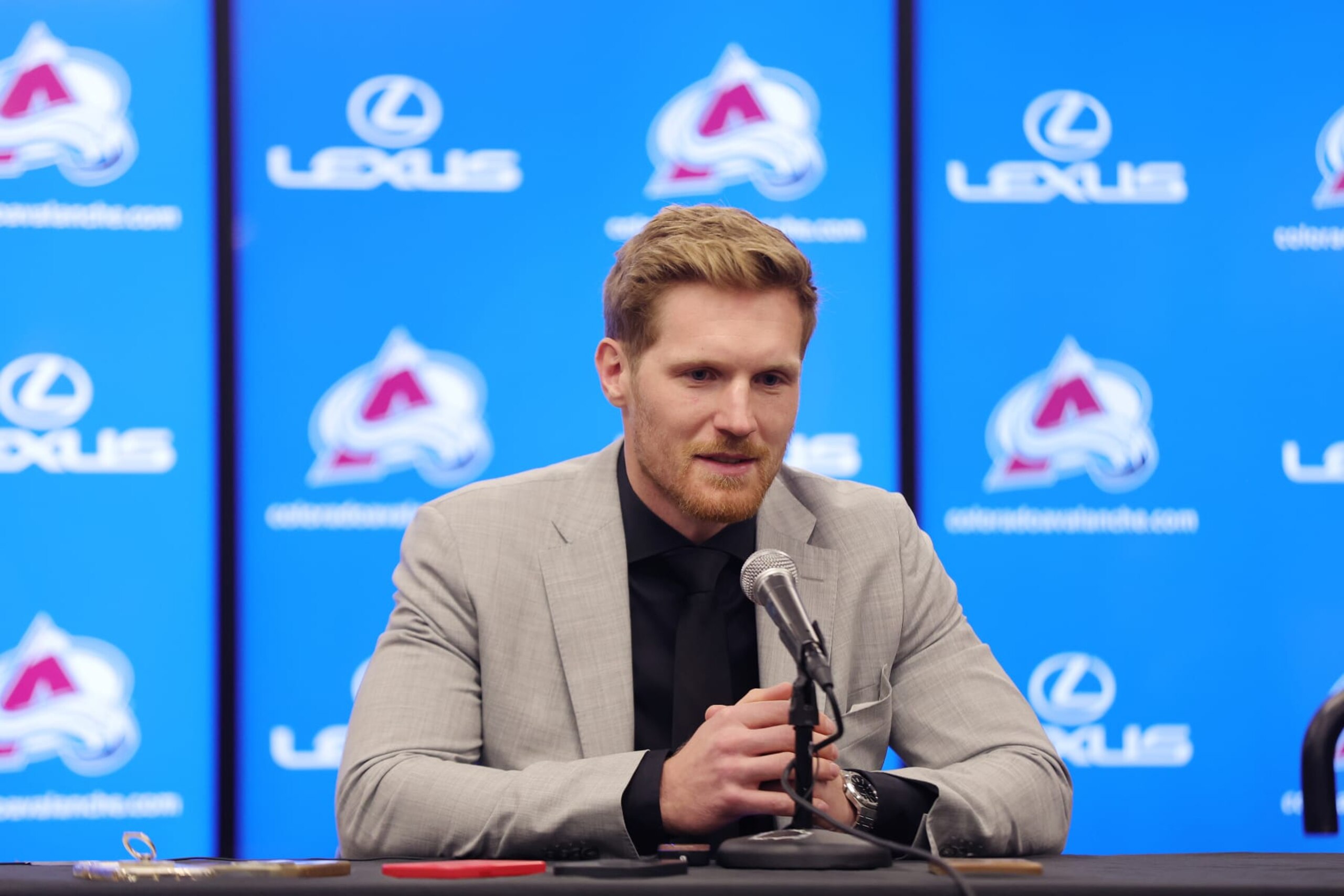 DENVER, COLORADO - APRIL 13: Gabriel Landeskog #92 of the Colorado Avalanche addresses the media prior to the game against the Winnipeg Jets at Ball Arena on April 13, 2023 in Denver, Colorado. (Photo by Michael Martin/NHLI via Getty Images)