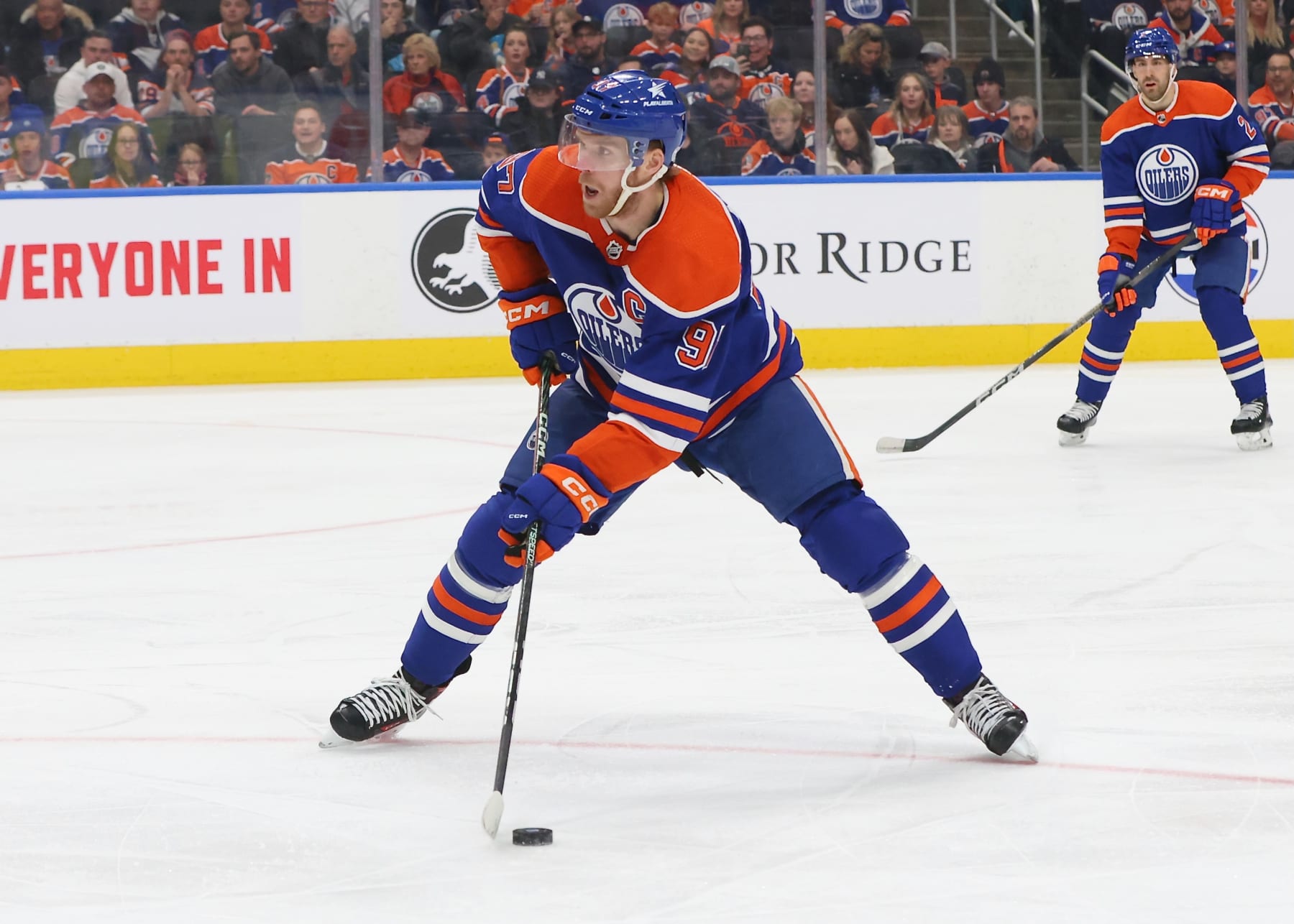 EDMONTON, CANADA - MARCH 30: Connor McDavid #97 of the Edmonton Oilers skates with the puck on the power play in the first period against the Anaheim Ducks on March 30, 2024 at Rogers Place in Edmonton, Alberta, Canada. (Photo by Lawrence Scott/Getty Images)