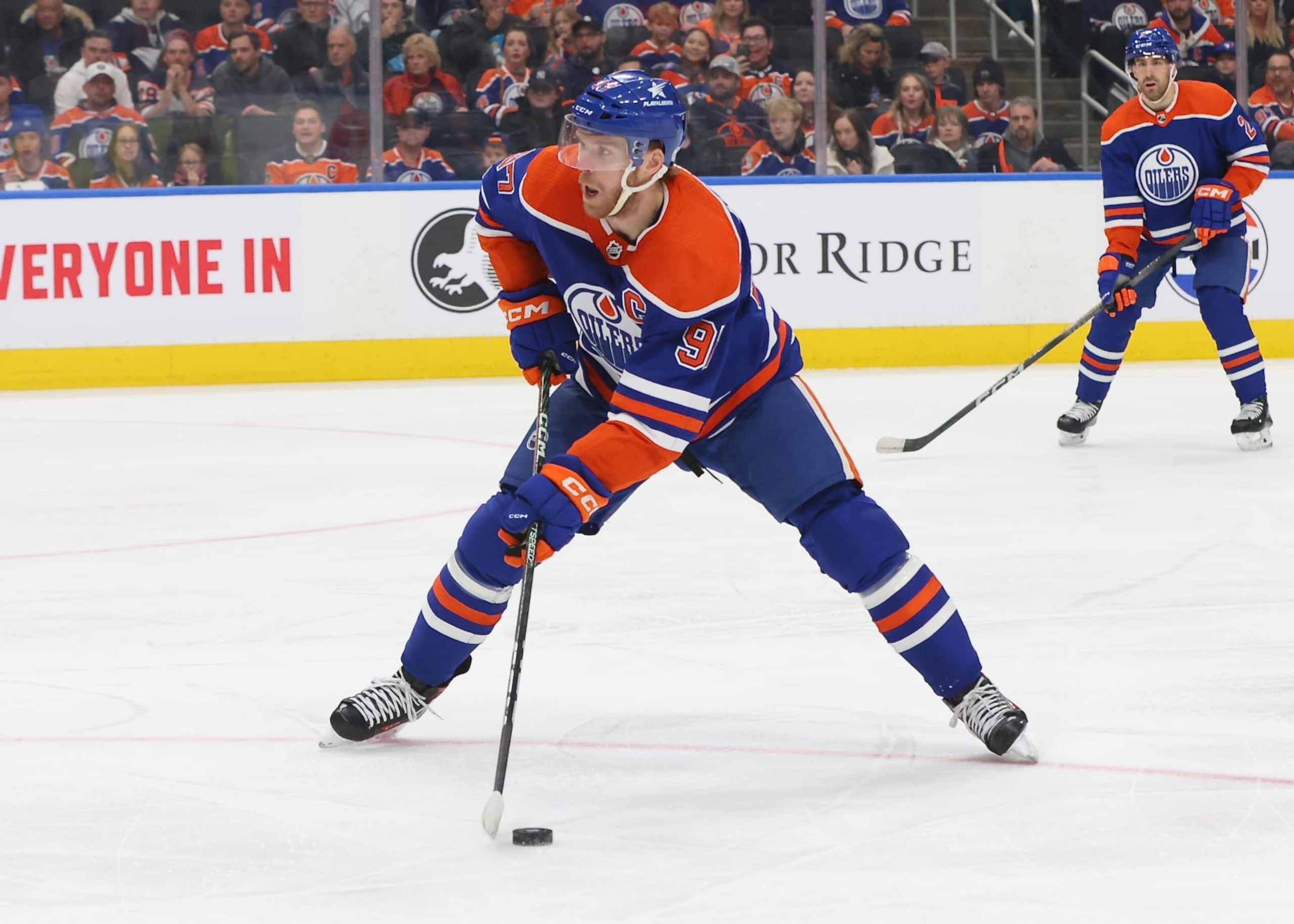 EDMONTON, CANADA - MARCH 30: Connor McDavid #97 of the Edmonton Oilers skates with the puck on the power play in the first period against the Anaheim Ducks on March 30, 2024 at Rogers Place in Edmonton, Alberta, Canada. (Photo by Lawrence Scott/Getty Images)