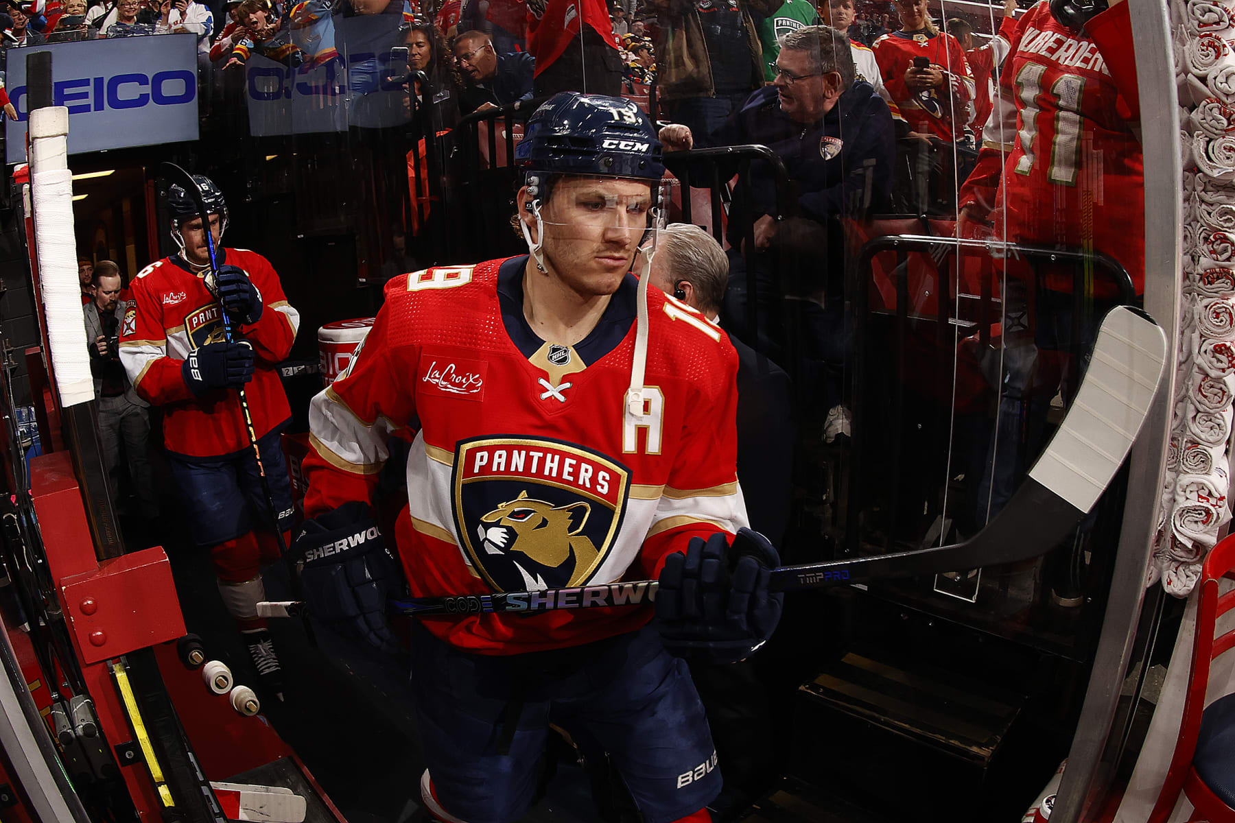 SUNRISE, FLORIDA - MARCH 26: Matthew Tkachuk #19 of the Florida Panthers heads out to the ice for warm ups prior to the start of the game against the Boston Bruins  at the Amerant Bank Arena on March 26, 2024 in Sunrise, Florida. (Photo by Eliot J. Schechter/NHLI via Getty Images)