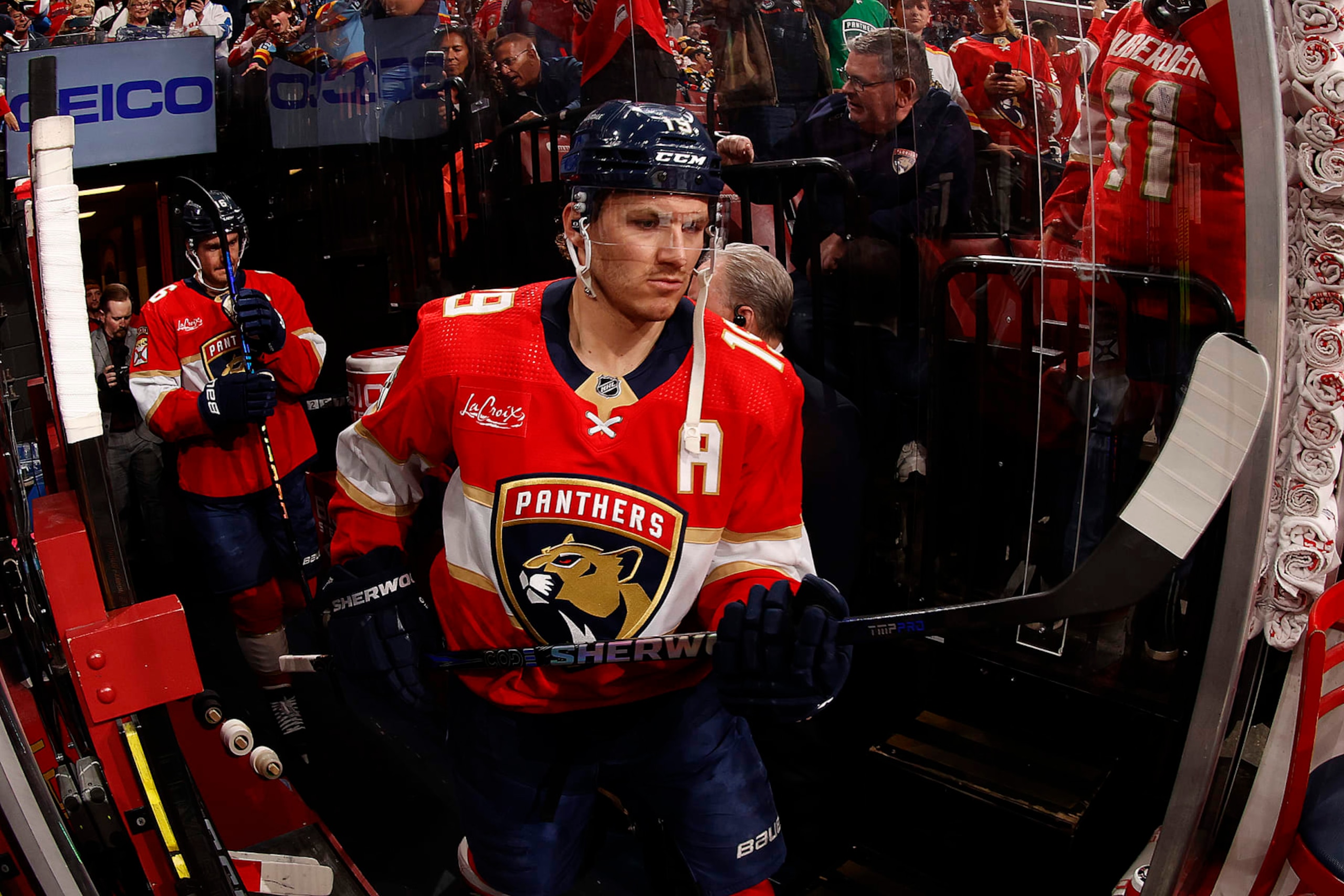 SUNRISE, FLORIDA - MARCH 26: Matthew Tkachuk #19 of the Florida Panthers heads out to the ice for warm ups prior to the start of the game against the Boston Bruins  at the Amerant Bank Arena on March 26, 2024 in Sunrise, Florida. (Photo by Eliot J. Schechter/NHLI via Getty Images)