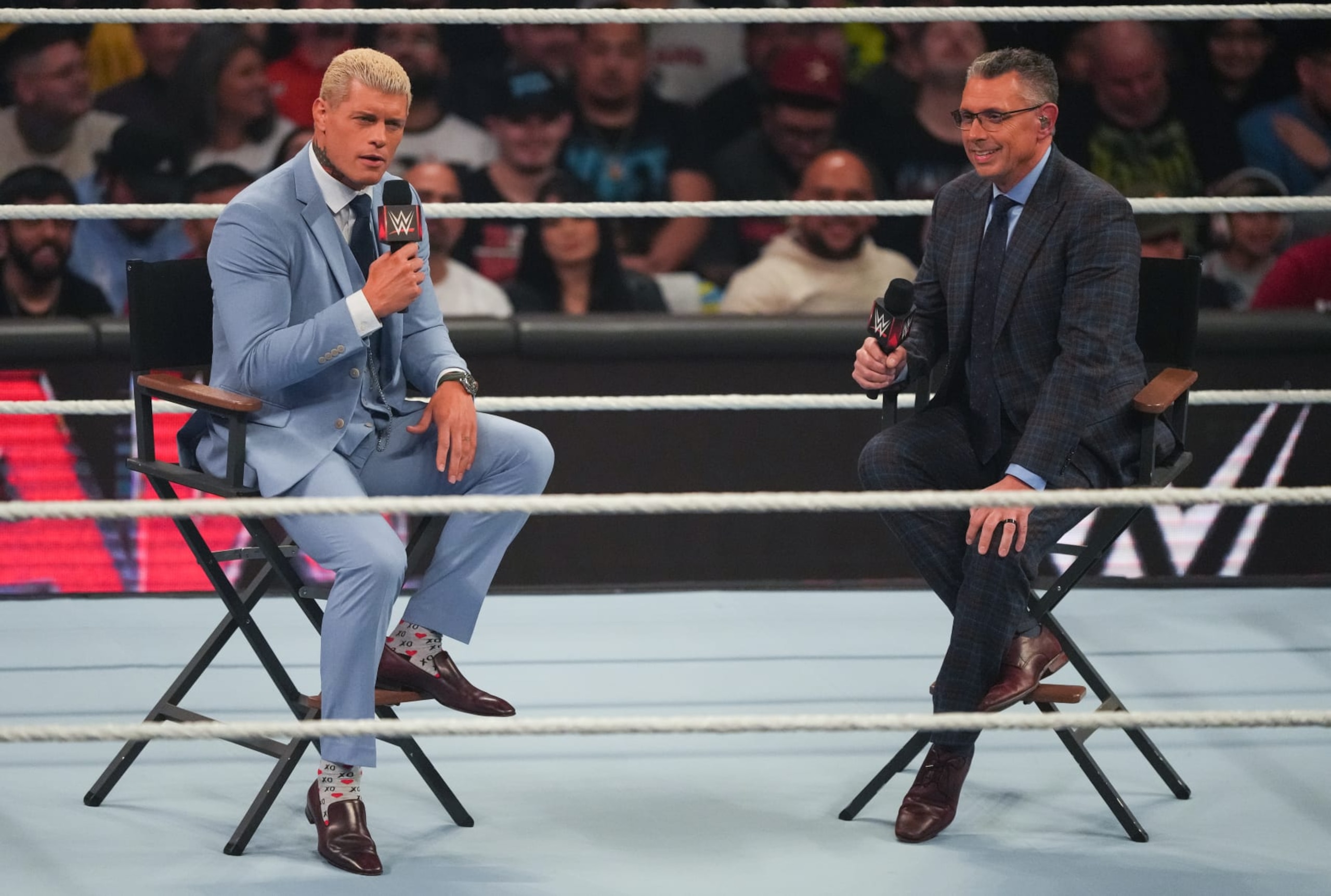 HOUSTON, TEXAS - MARCH 11: Cody Rhodes (L) is interviewed by Michael Cole (R) during WWE Monday Night RAW at Toyota Center on March 11, 2024 in Houston, Texas. (Photo by Alex Bierens de Haan/Getty Images) HOUSTON, TEXAS - MARCH 11: Cody Rhodes (L) is interviewed by Michael Cole (R) during WWE Monday Night RAW at Toyota Center on March 11, 2024 in Houston, Texas. (Photo by Alex Bierens de Haan/Getty Images)