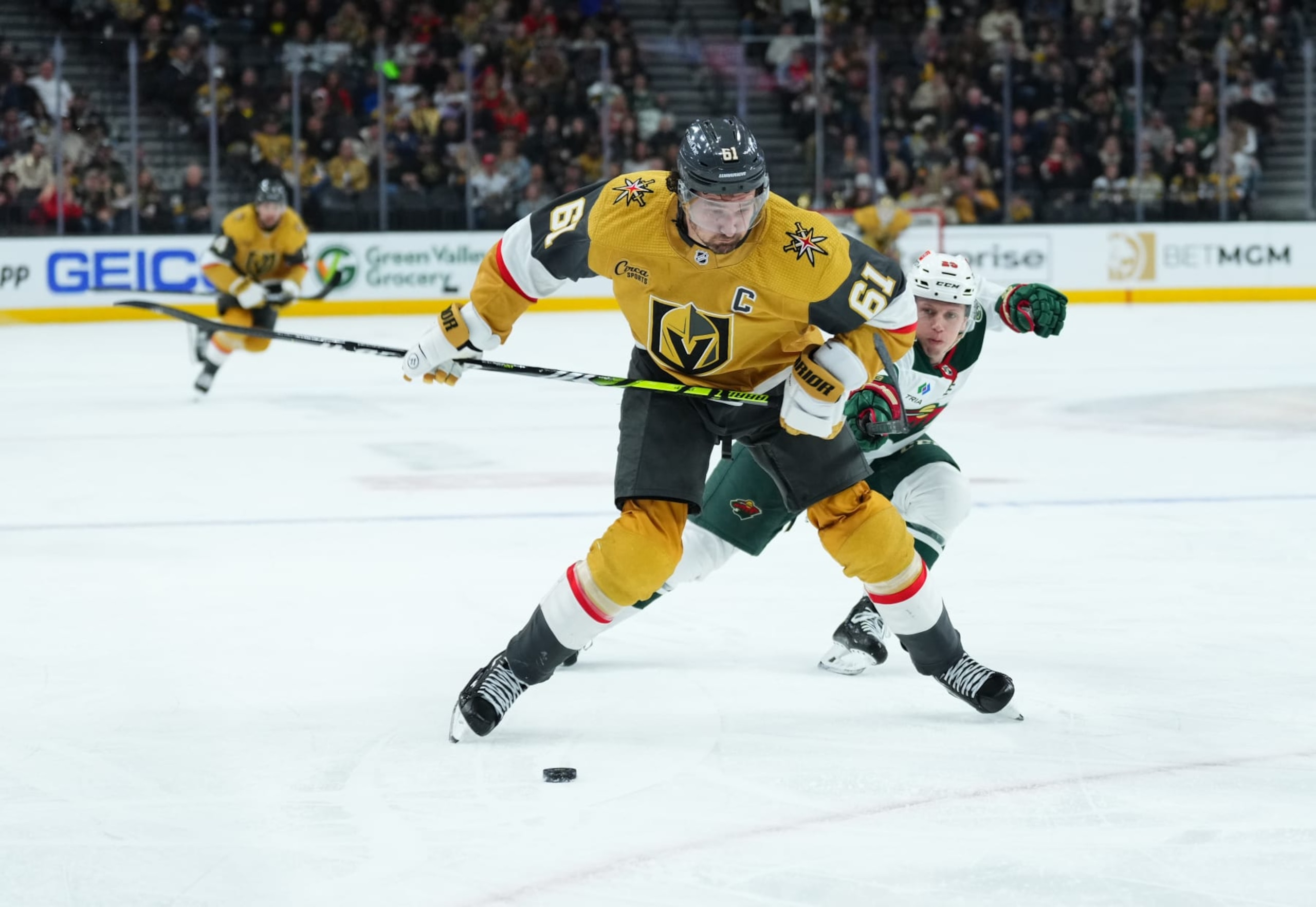 LAS VEGAS, NEVADA - FEBRUARY 12: Mark Stone #61 of the Vegas Golden Knights shoots the puck during the third period against the Minnesota Wild at T-Mobile Arena on February 12, 2024 in Las Vegas, Nevada. (Photo by Jeff Bottari/NHLI via Getty Images)