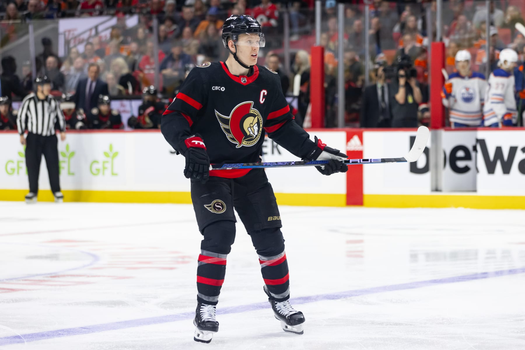 OTTAWA, ON - MARCH 24: Ottawa Senators Left Wing Brady Tkachuk (7) applies pressure on the forecheck during third period National Hockey League action between the Edmonton Oilers and Ottawa Senators on March 24, 2024, at Canadian Tire Centre in Ottawa, ON, Canada. (Photo by Richard A. Whittaker/Icon Sportswire via Getty Images)