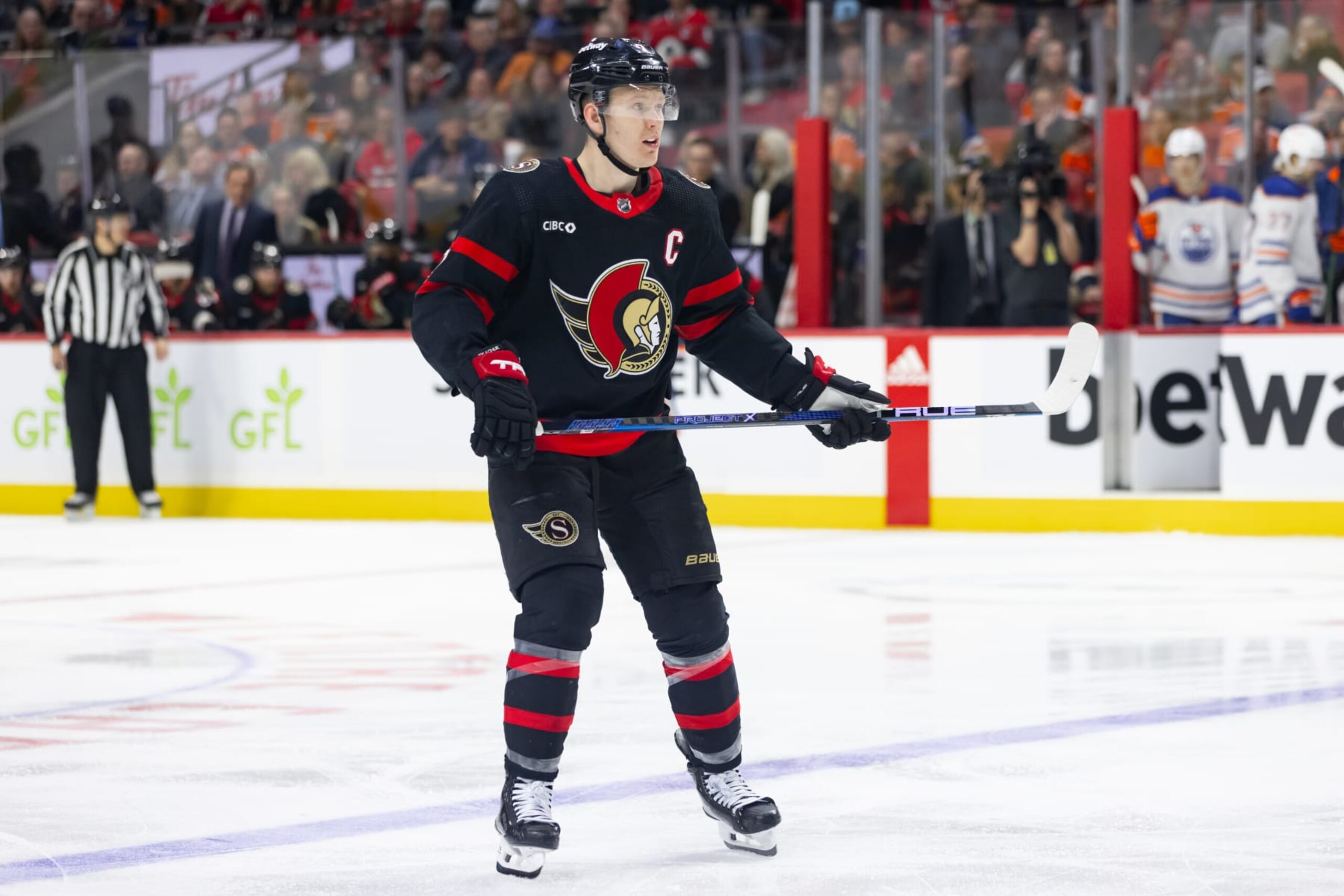 OTTAWA, ON - MARCH 24: Ottawa Senators Left Wing Brady Tkachuk (7) applies pressure on the forecheck during third period National Hockey League action between the Edmonton Oilers and Ottawa Senators on March 24, 2024, at Canadian Tire Centre in Ottawa, ON, Canada. (Photo by Richard A. Whittaker/Icon Sportswire via Getty Images)