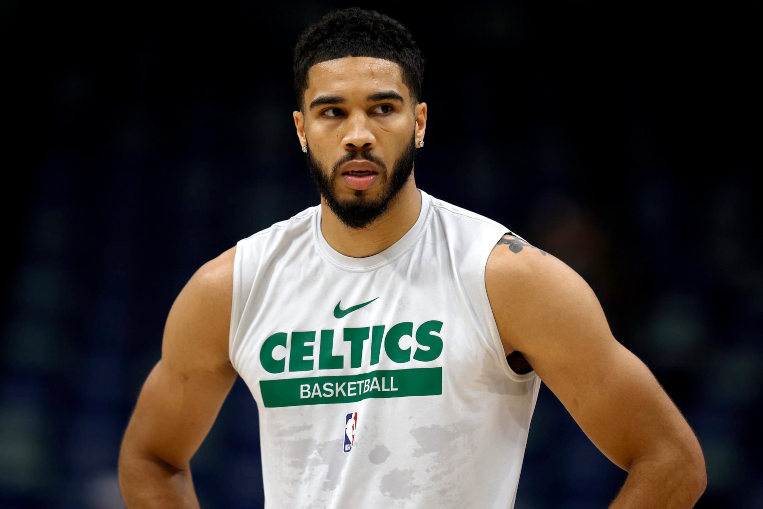 NEW ORLEANS, LOUISIANA - MARCH 30: Jayson Tatum #0 of the Boston Celtics stands on the court prior to the start of an NBA game against the New Orleans Pelicans at Smoothie King Center on March 30, 2024 in New Orleans, Louisiana. NOTE TO USER: User expressly acknowledges and agrees that, by downloading and or using this photograph, User is consenting to the terms and conditions of the Getty Images License Agreement. (Photo by Sean Gardner/Getty Images)