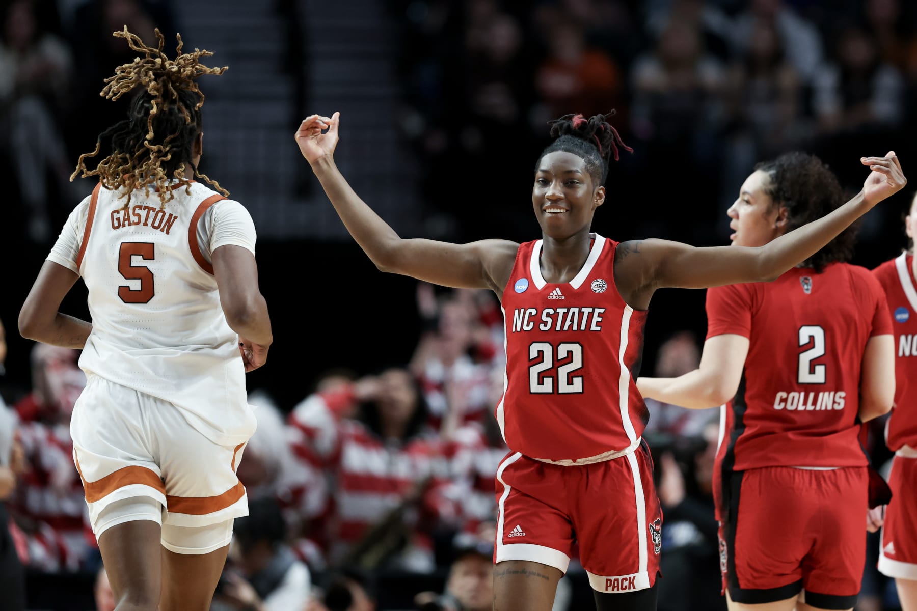 PORTLAND, OREGON - MARCH 31: Saniya Rivers #22 of the NC State Wolfpack reacts after a play during the first half against the Texas Longhorns in the Elite 8 round of the NCAA Women's Basketball Tournament at Moda Center on March 31, 2024 in Portland, Oregon. (Photo by Steph Chambers/Getty Images)