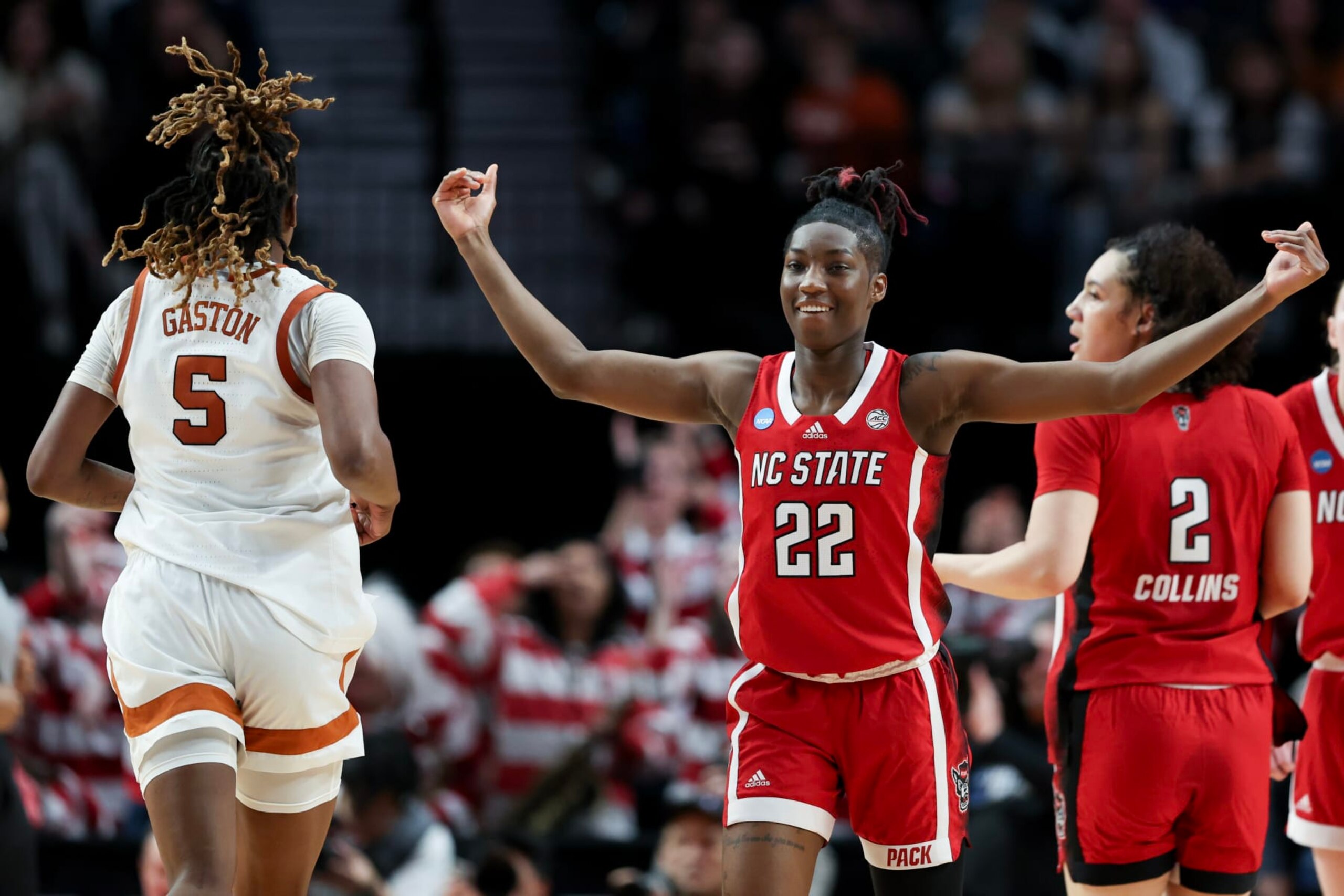 PORTLAND, OREGON - MARCH 31: Saniya Rivers #22 of the NC State Wolfpack reacts after a play during the first half against the Texas Longhorns in the Elite 8 round of the NCAA Women's Basketball Tournament at Moda Center on March 31, 2024 in Portland, Oregon. (Photo by Steph Chambers/Getty Images)