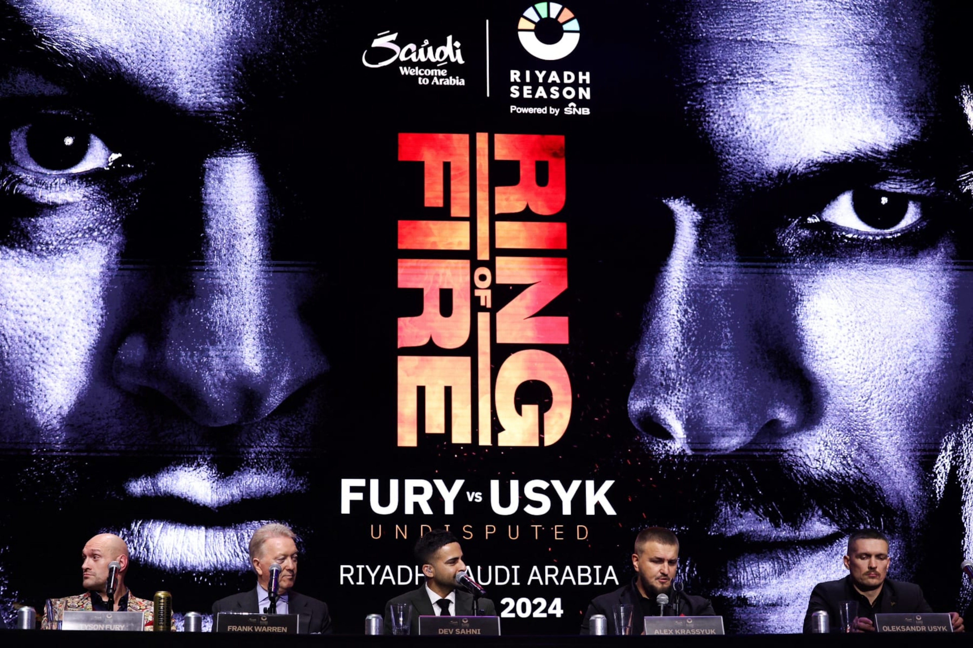 Britain's Tyson Fury and Ukraine's Oleksandr Usyk attend a press conference, in London, on November 16, 2023, ahead of their undisputed heavyweight world championship contest, taking place on February 17, 2024 in Riyadh, Saudi Arabia. (Photo by Daniel LEAL / AFP) (Photo by DANIEL LEAL/AFP via Getty Images)