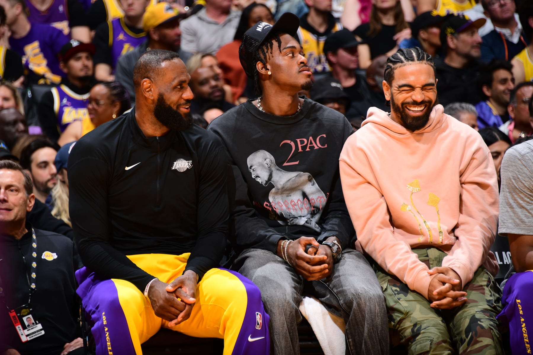 LOS ANGELES, CA - MARCH 10: LeBron James #23 and Gabe Vincent #7 of the Los Angeles Lakers smile during the game against the Minnesota Timberwolves on March 10, 2024 at Crypto.Com Arena in Los Angeles, California. NOTE TO USER: User expressly acknowledges and agrees that, by downloading and/or using this Photograph, user is consenting to the terms and conditions of the Getty Images License Agreement. Mandatory Copyright Notice: Copyright 2024 NBAE (Photo by Adam Pantozzi/NBAE via Getty Images)