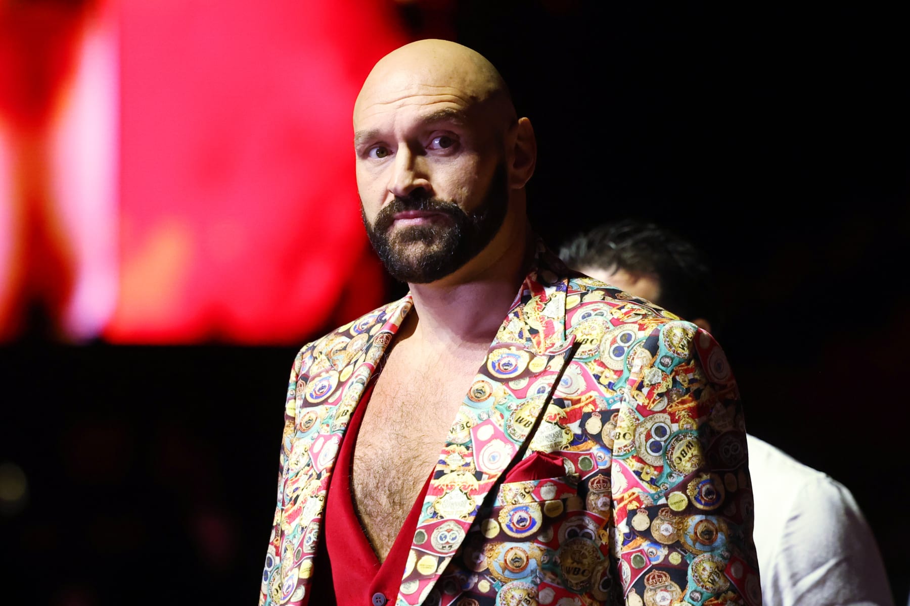 RIYADH, SAUDI ARABIA - MARCH 08: Tyson Fury walks to his seat prior to the Heavyweight fight between Roman Fury and Martin Svarc on the Knockout Chaos boxing card at the Kingdom Arena on March 08, 2024 in Riyadh, Saudi Arabia. (Photo by Richard Pelham/Getty Images)