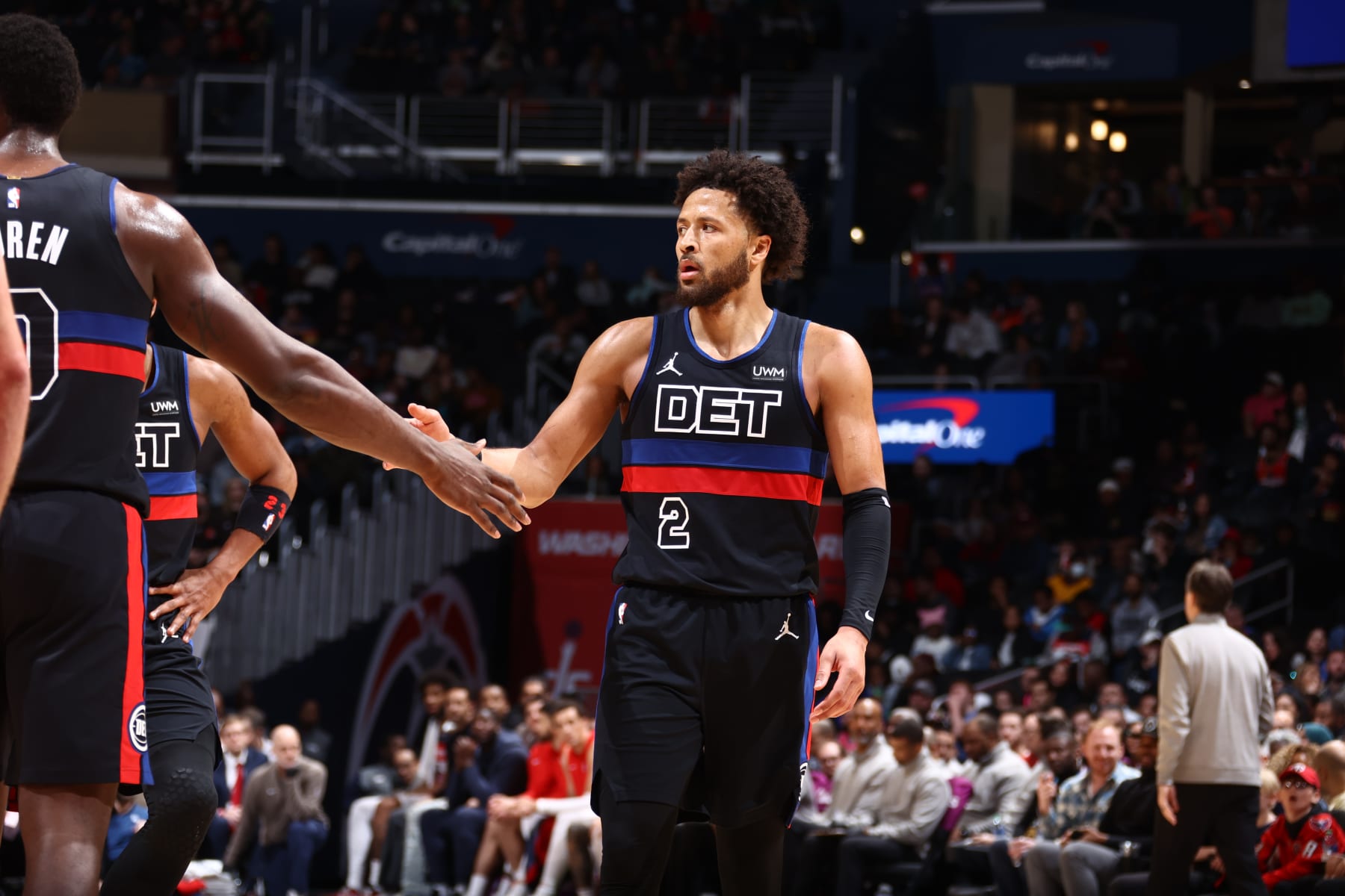WASHINGTON, DC -  MARCH 29: Cade Cunningham #2 of the Detroit Pistons looks on during the game against the Washington Wizards on March 29, 2024 at Capital One Arena in Washington, DC. NOTE TO USER: User expressly acknowledges and agrees that, by downloading and or using this Photograph, user is consenting to the terms and conditions of the Getty Images License Agreement. Mandatory Copyright Notice: Copyright 2024 NBAE (Photo by Kenny Giarla/NBAE via Getty Images)