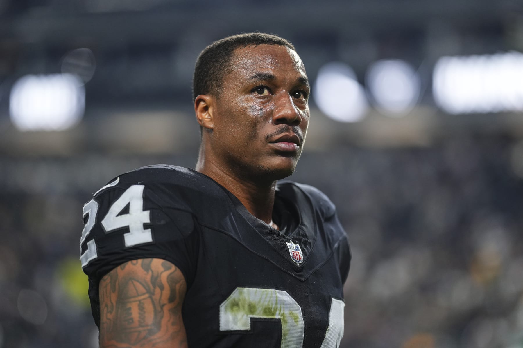 LAS VEGAS, NV - OCTOBER 09: Marcus Peters #24 of the Las Vegas Raiders looks on from the field after an NFL football game against the Green Bay Packers at Allegiant Stadium on October 9, 2023 in Las Vegas, Nevada. (Photo by Cooper Neill/Getty Images)
