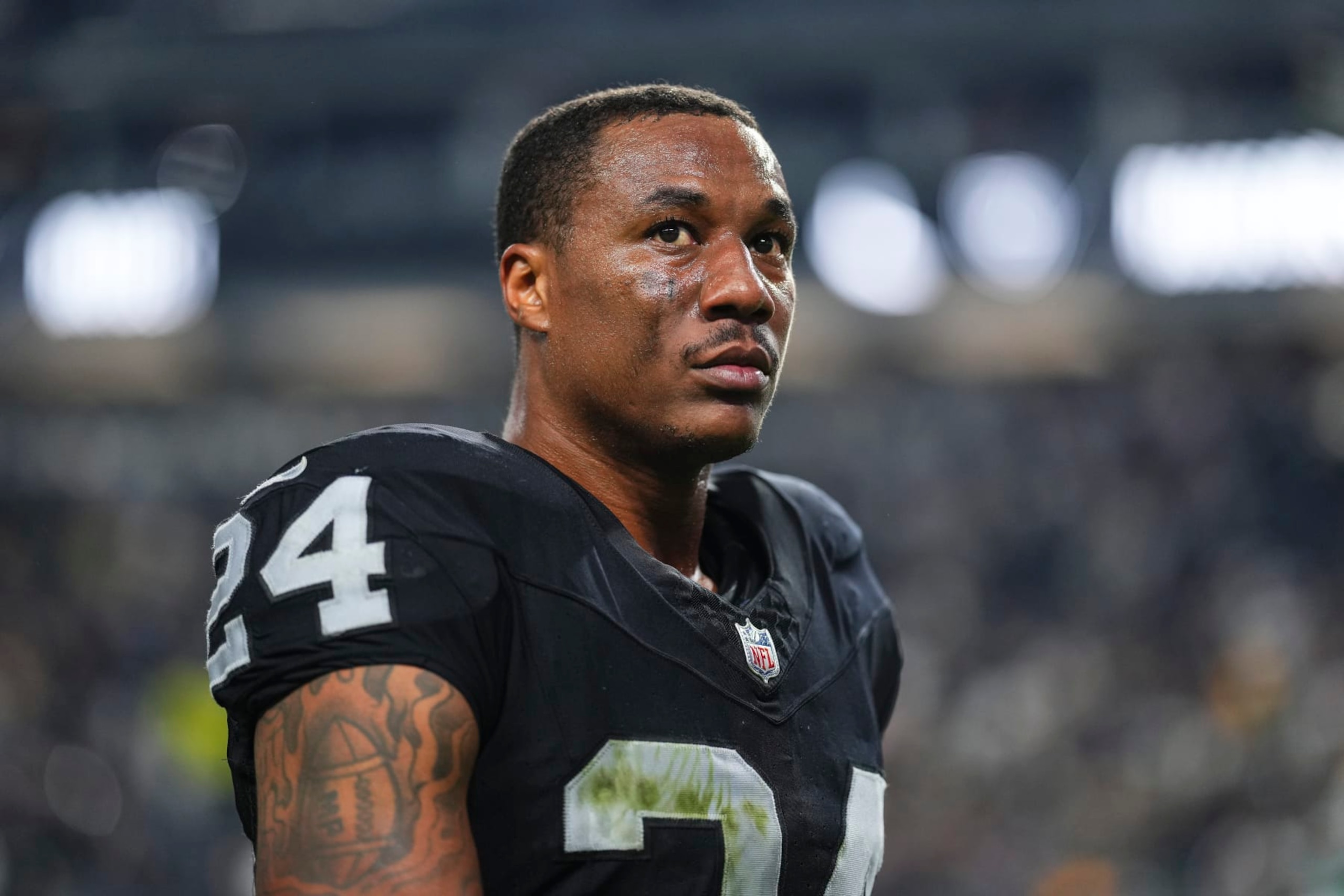 LAS VEGAS, NV - OCTOBER 09: Marcus Peters #24 of the Las Vegas Raiders looks on from the field after an NFL football game against the Green Bay Packers at Allegiant Stadium on October 9, 2023 in Las Vegas, Nevada. (Photo by Cooper Neill/Getty Images)